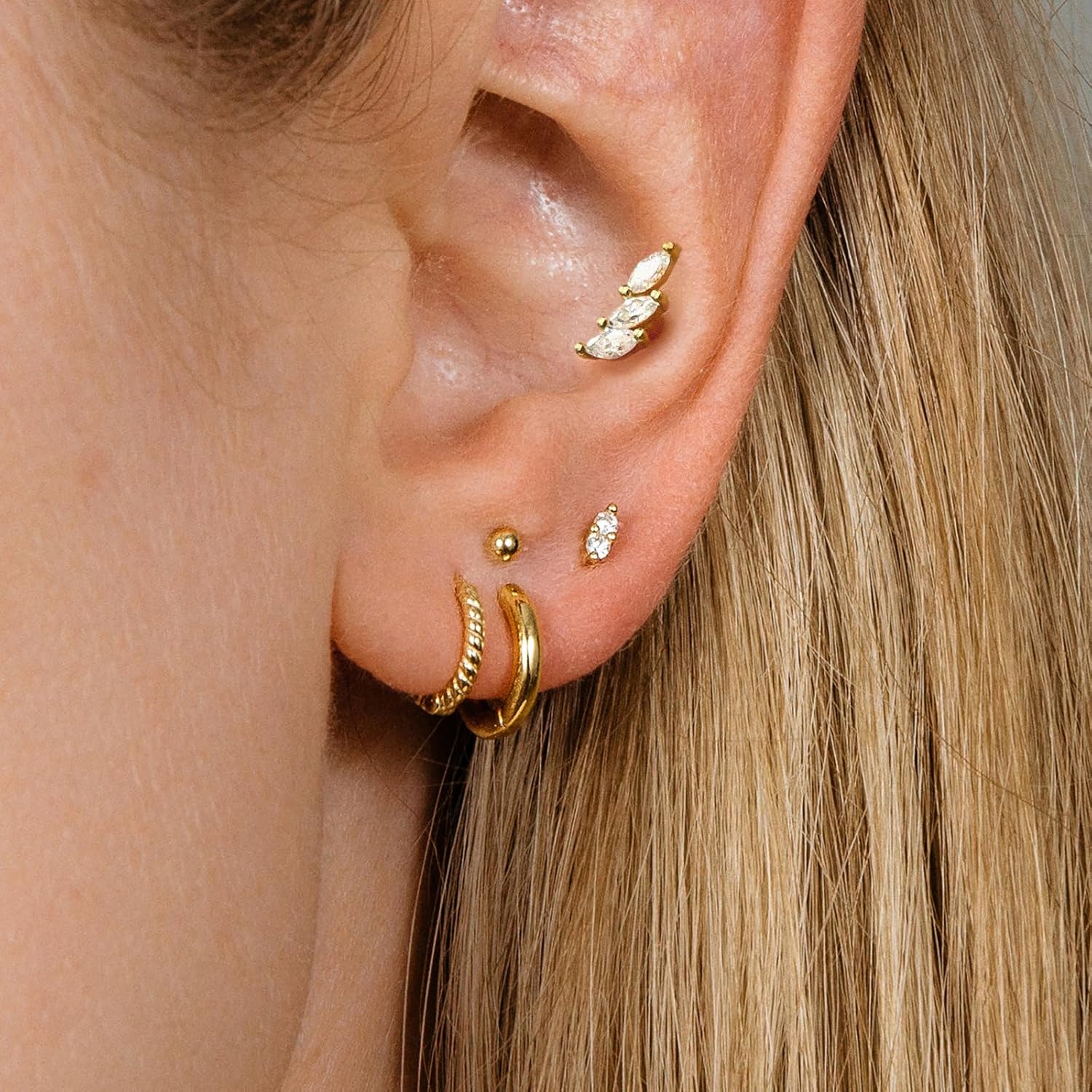 925 Sterling Silver Gold Screw Back Stud Earrings for Women/Girls, Helix Cartilage Tragus Earlobe Conch Piercing Jewelry,20 Gauge,Trio/Bar/Pearl/Butterfly/Leaf/North Star/Flower/Clover/Heart - Image 5