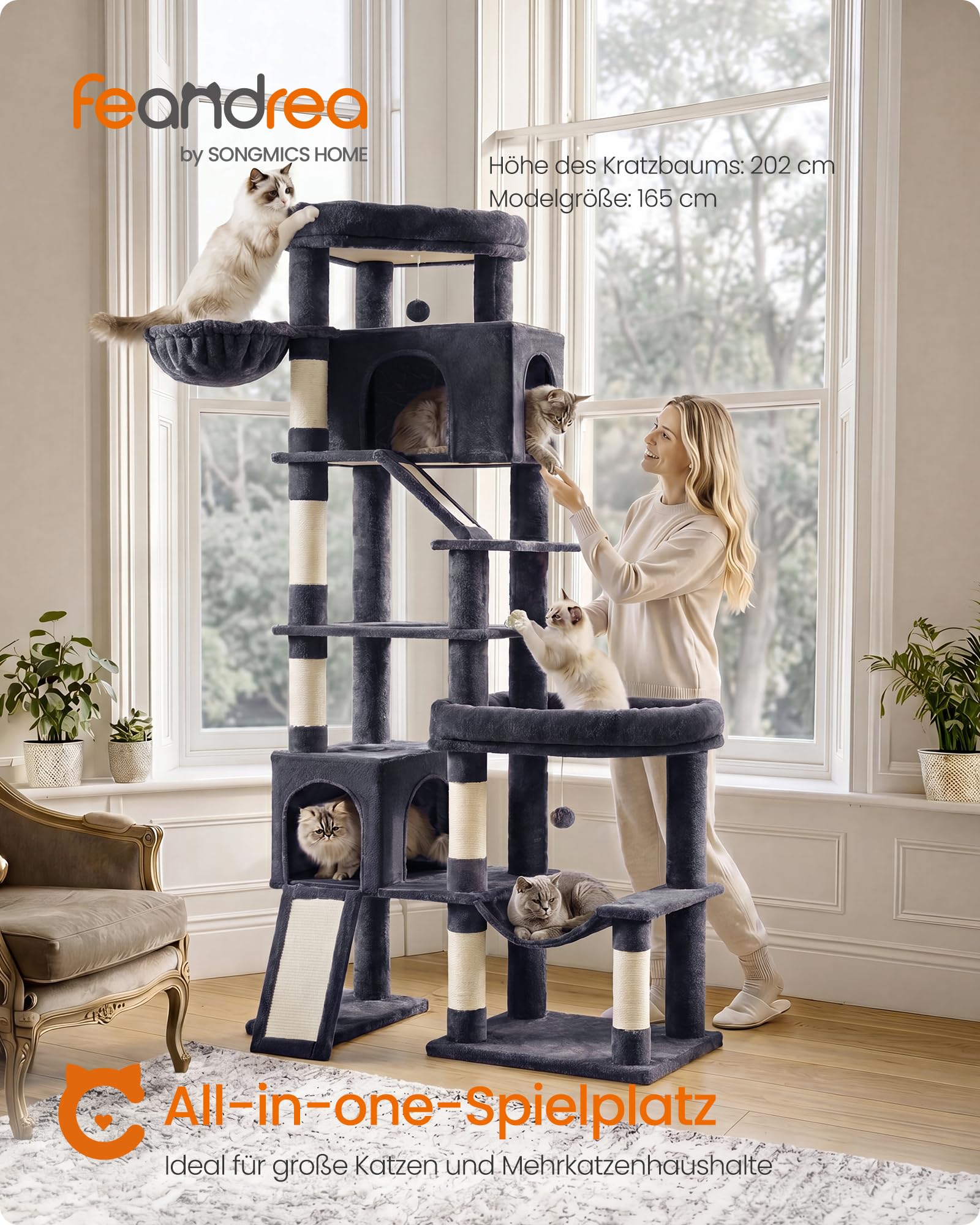 Feandrea Kratzbaum groß, Katzenbaum XXL, 6 Sisalstämme und Plüsch, 2 Kratzbretter, 6 Ruhebereiche, 105 x 45 x 202 cm, Dunkelgrau, für Große Katzen, Clawfy Kollektion PCT020G201