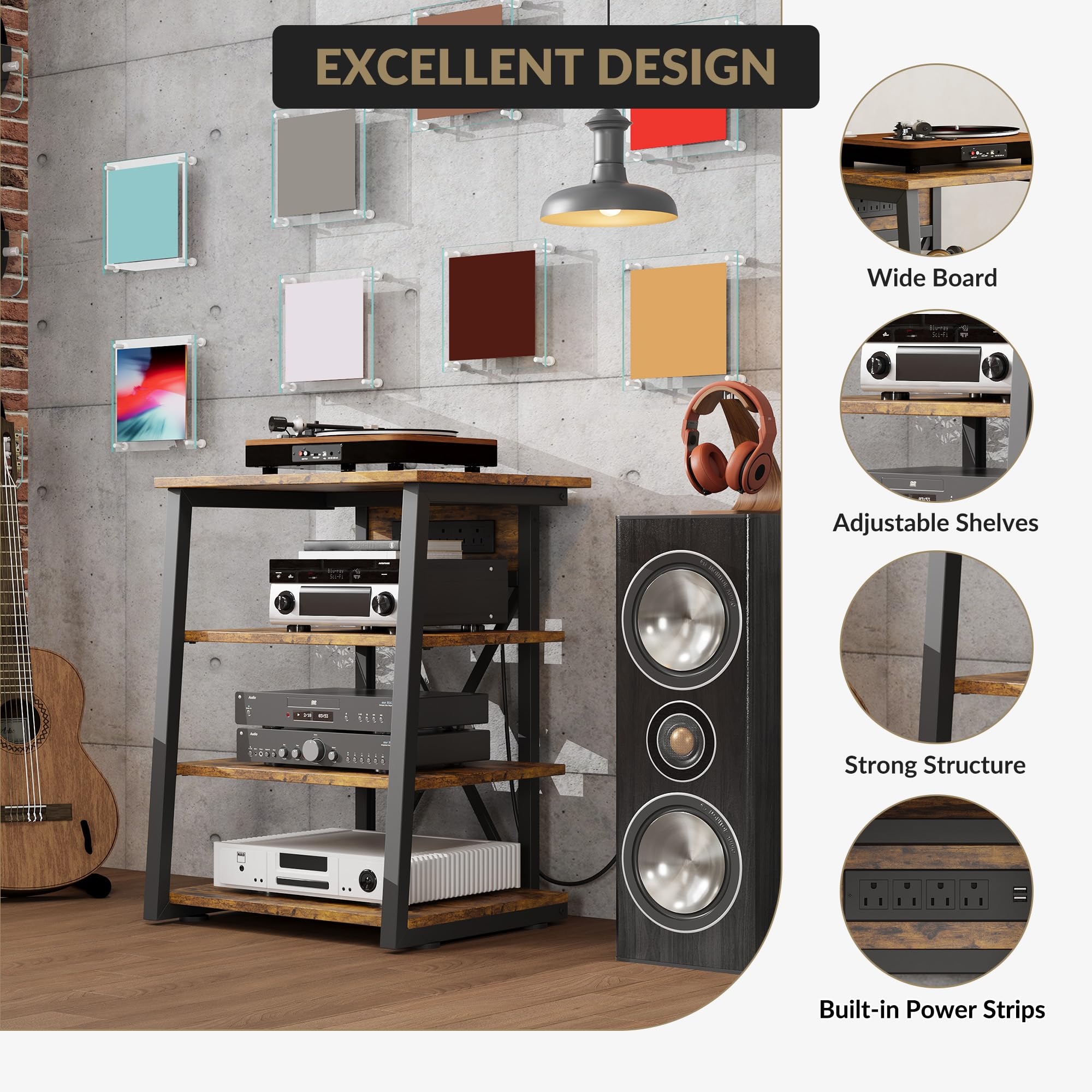 Garvee Estantería Audiovisual Esquinera 4 Niveles Marrón Rústico, Mueble Tocadiscos con Carga USB, Estantes Ajustables y Estructura Metálica En X para Salón y Multimedia 60×48×77 cm