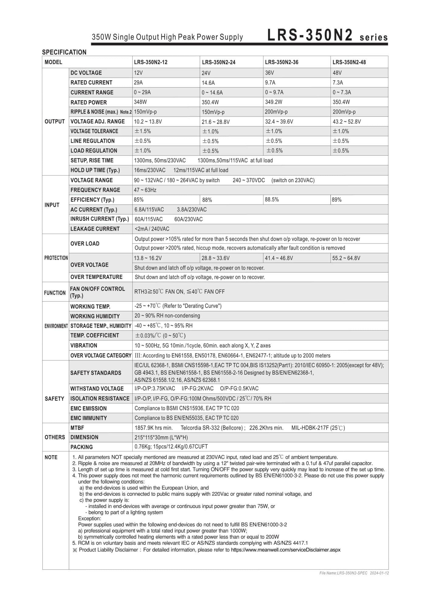 Fuente de alimentación Universal LRS-100N2/200N2/350N2/600N2/450/600, Voltaje 5/12/15/24/36/48(LRS-450,24V)