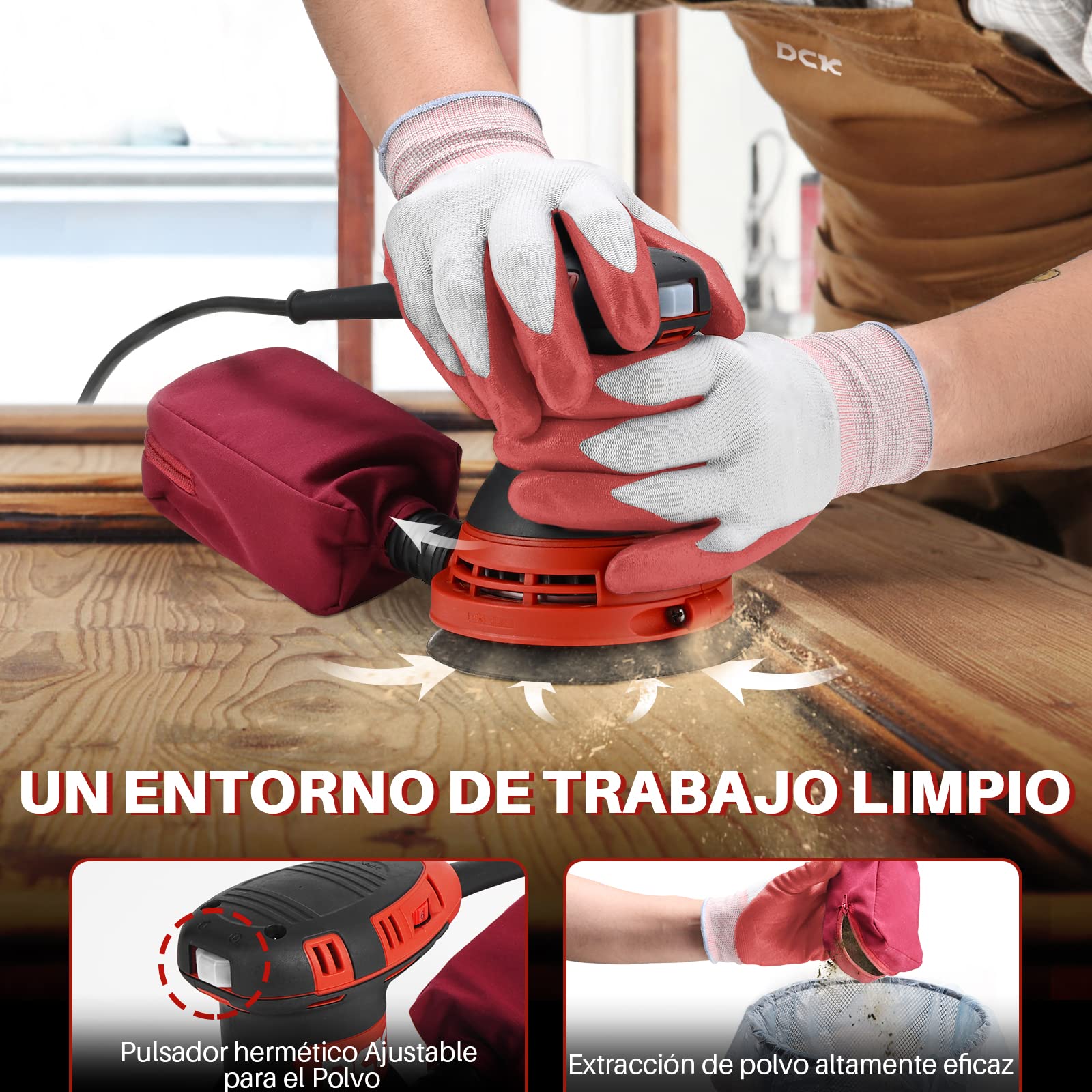 DCK Lijadora Orbital, 300W Lijadora de Madera, 6 Velocidades, 4000-12000/min, 125mm con 10 Papeles de Lija, Bolsa de Polvo, Baja Vibración, Lijadora para Madera, Decoración de Muebles (KSA125)