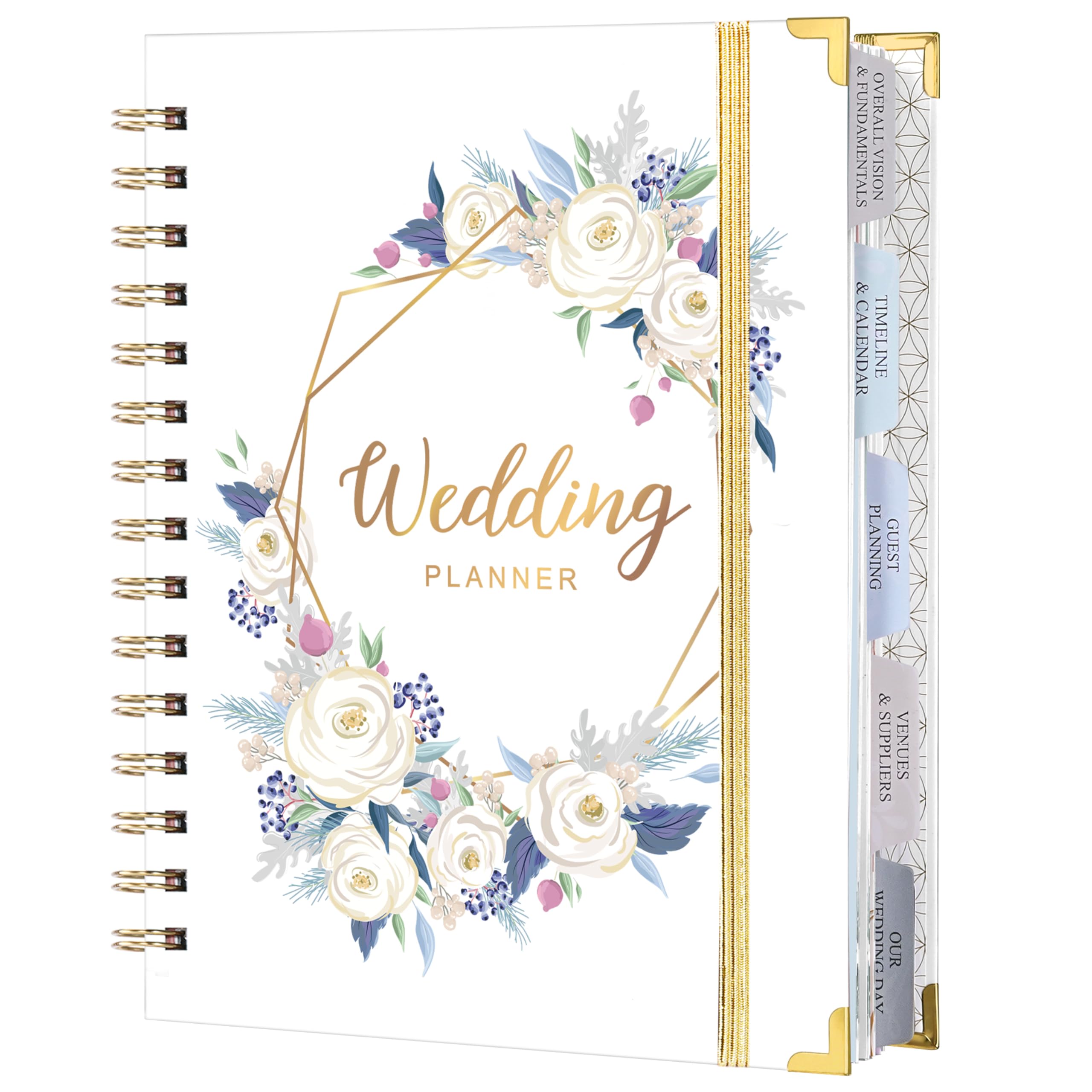 Wedding Planner & Organizer Book for Brides - 5 Tabbed Sections, A5 Size(6.5"x8.5"), Hardcover, 5 Inner Pockets, Stickers, Note Pages - Elegant Purple & White Cover with Metal Corners