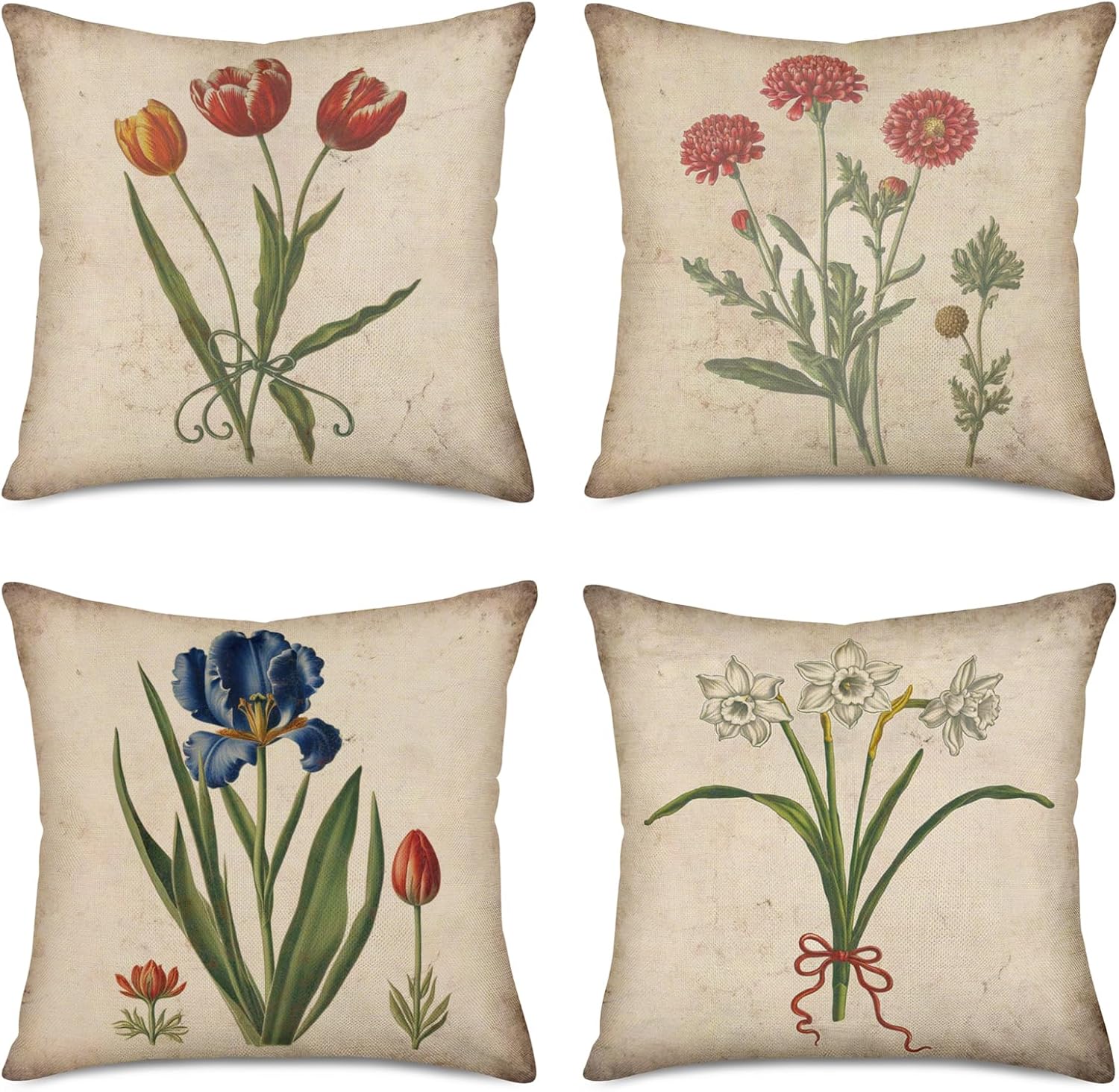 Smilyard Set of 4 Vintage Farmhouse Decorative Throw Pillow Covers Leaf Floral Tulip/Daffodil/Irises Couch Throw Pillowcase Cotton Linen Cushion Cover for Garden Home18x18 Inch (Spring Floral 4PS)