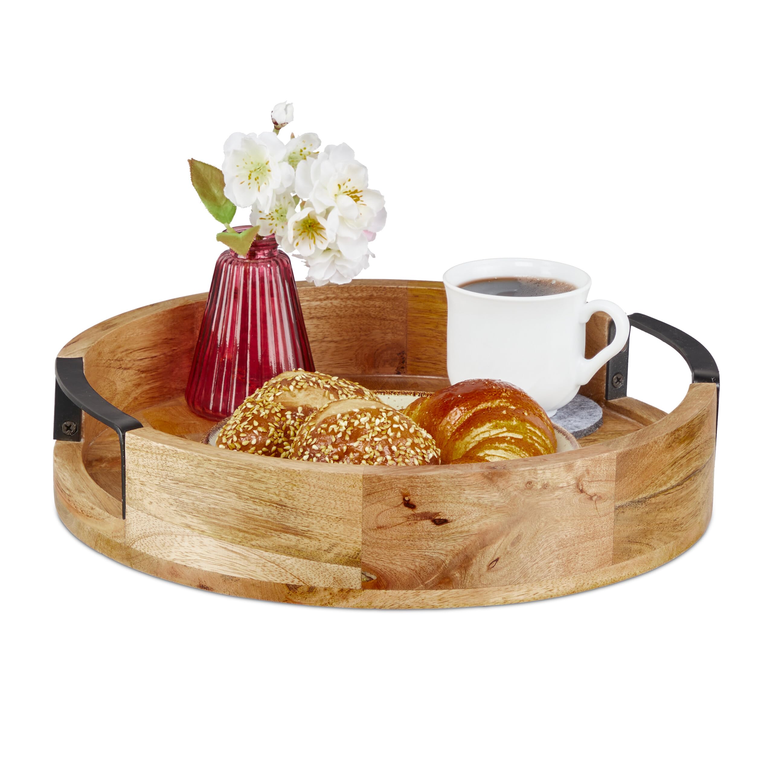 Relaxdays Bandeja Redonda de Madera de Mango, con Asas, Servir, Desayuno, Decorativa, Cocina, 7,5 x 35 cm, Natural