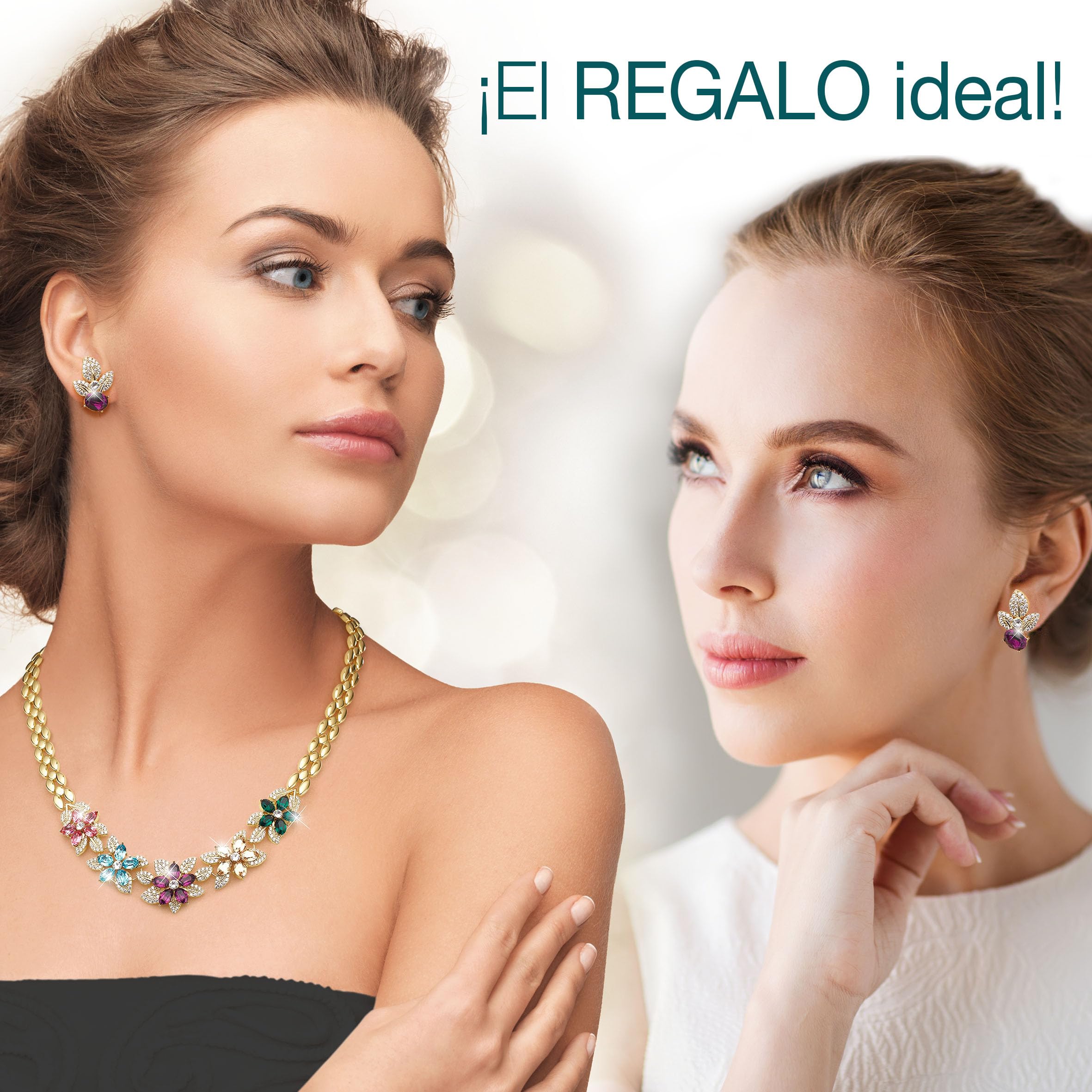 Conjunto BOUQUET DES FLEURS Gargantilla y Pendientes bañados en Oro de 1ª Ley 18K con 27 cristales de Swarovski® y más de 260 Circonitas. Ideal para regalo. Con Pañuelo de diseño para ti