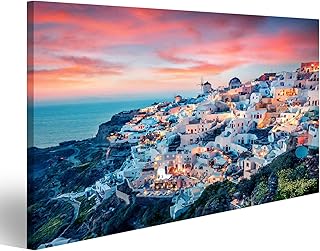 Quadro moderno Impressionante vista serale sull'isola di Santorini. Pittoresco tramonto primaverile sul famoso resort greco di Oia, Grecia, Grecia, Europa. Quadri Stampa su tela molto bello