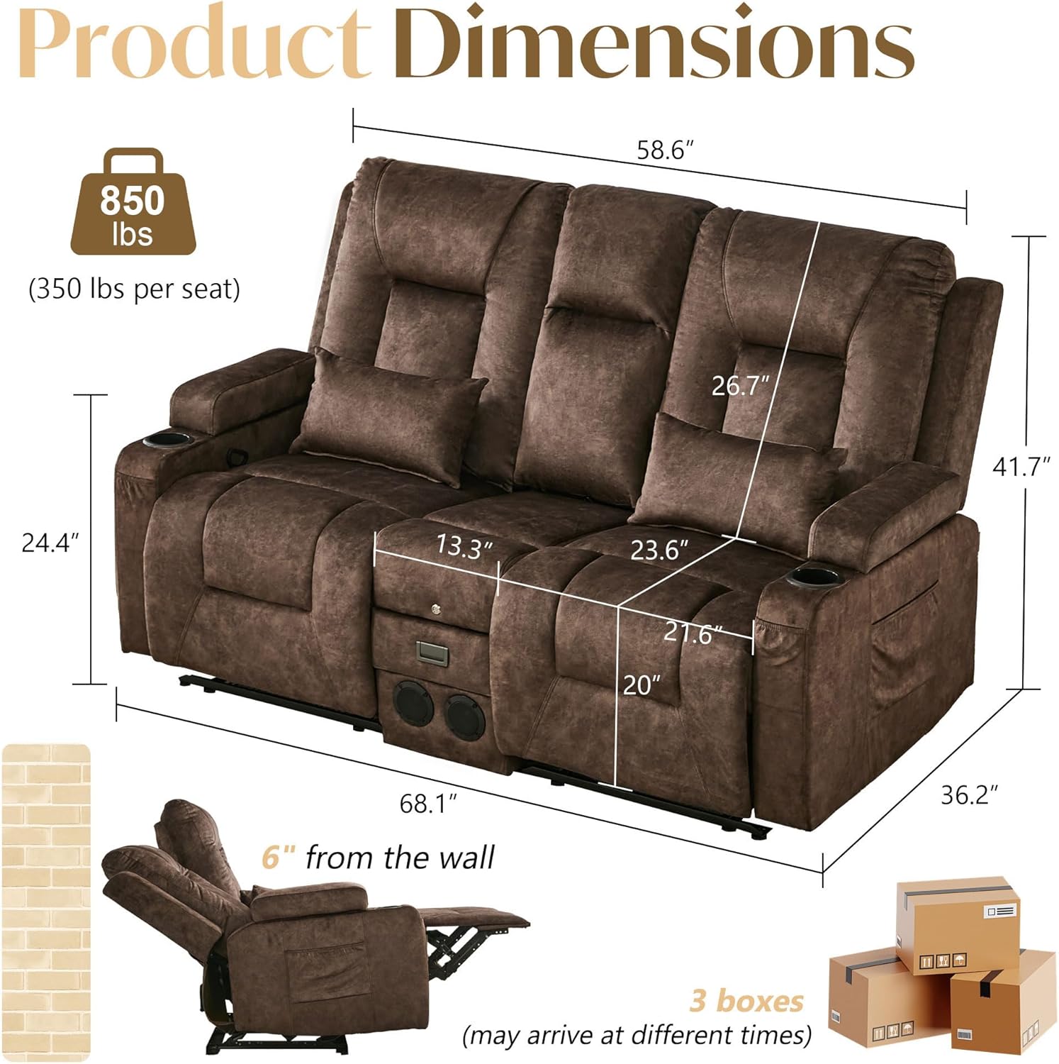 Houjud Manual Reclining Loveseat Sofa with Console, Velvet Recliner Sofa RV Couch with Bluetooth Speakers, USB Charging, AC Outlets and Pillow for Home Theater (Brown, Loveseat with Console)