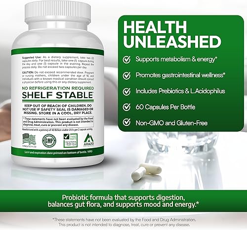 Miniatura 4 de Arazo Nutrition Probiótico de 40 mil millones de UFC, estable con prebióticos y acidófilos, potencia estable hasta la caducidad, probióticos de