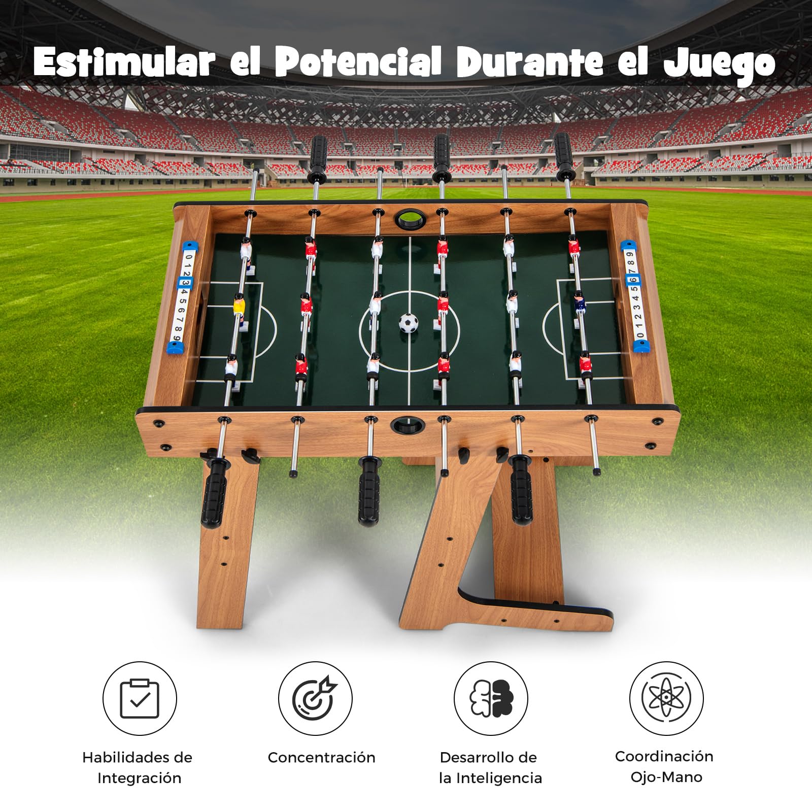 RELAX4LIFE Futbolín Plegable de Madera con Patas, 6 Asas, 18 Jugadores, 2 Balones y 2 Marcadores, Futbolín para Niños y Adultos, Juegos de Mesa para Dormitorio, Bar, Salón, Fiestas, 36x69x71cm