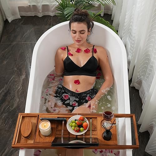 Miniatura 2 de Utoplike Bandeja de baño de teca para bañera, organizador único de bañera con tableta, soporte para toallas de copa de vino, ajustable, para tu ser