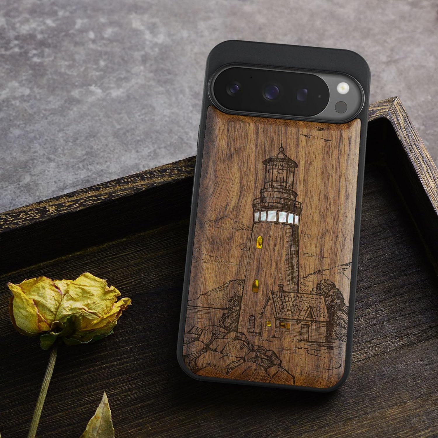 Carveit Magnetic Wooden Case for Google Pixel 9 Pro XL Case, Wood Artisan Engraved & Handmade Shell Inlaid, Compatible with MagSafe Wireless Chargers, A Flashing Lighthouse - Walnut