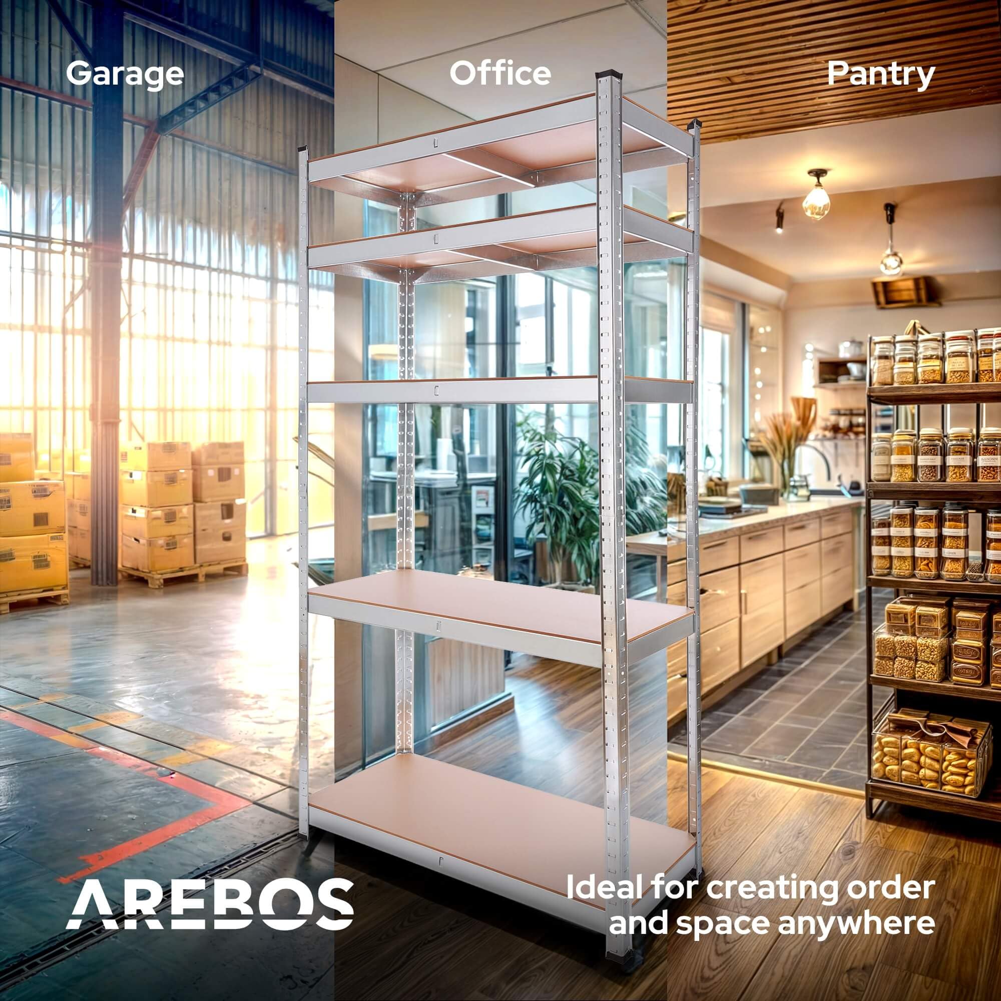 Arebos Regały 2X do dużych obciążeń 180x90x40 | 875 kg nośności | 0,63 mm | 5 płyt MDF Regał magazynowy Regał piwniczny Regał bezśrubowy Regał warsztatowy