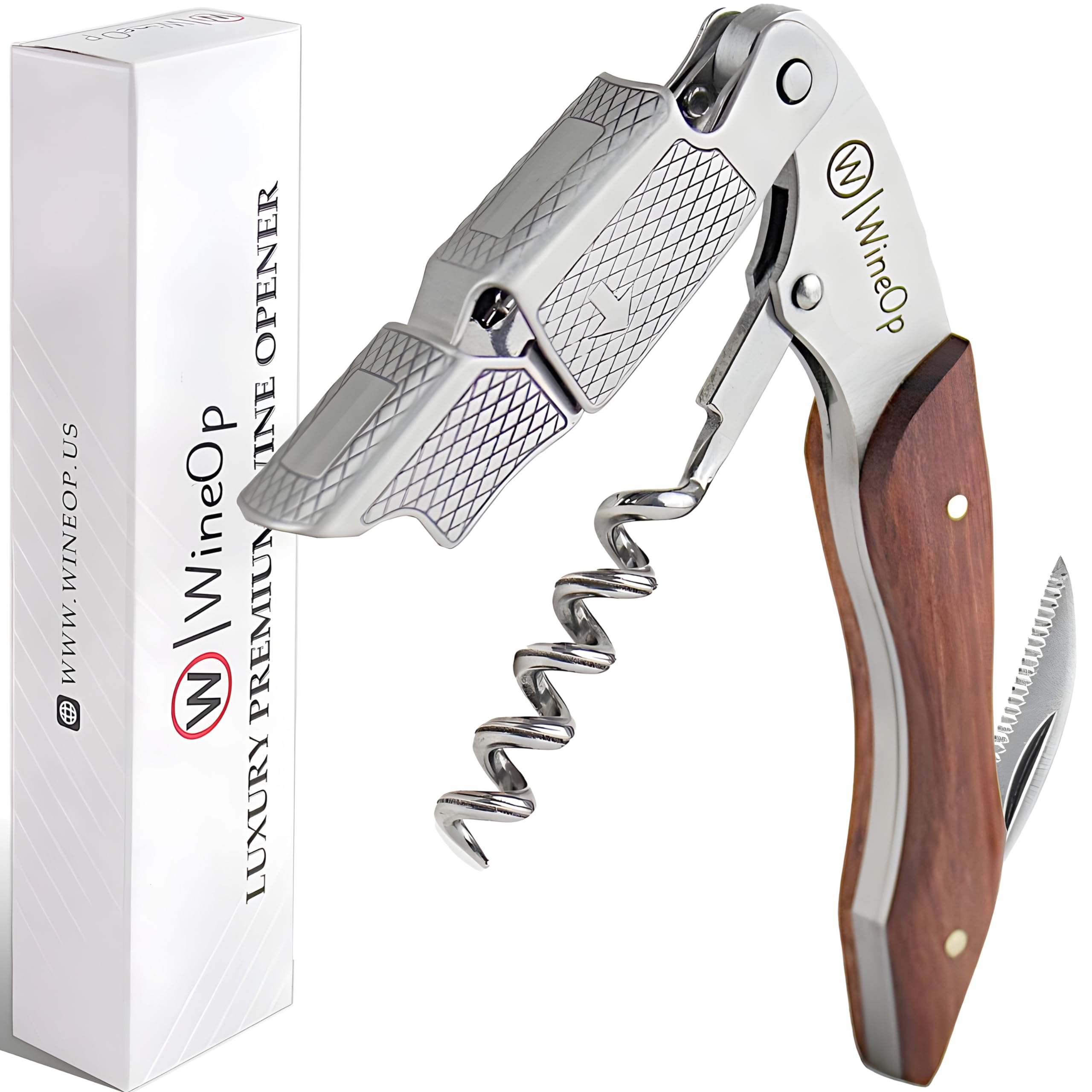 WineOp Professional Wine Opener Luxury Double Hinged Waiter's Corkscrew Wine Bottle Key - Cork screwer for Servers, Bartenders, Sommelier and Home Use | All-In-One Stainless Steel (Rosewood Handle)
