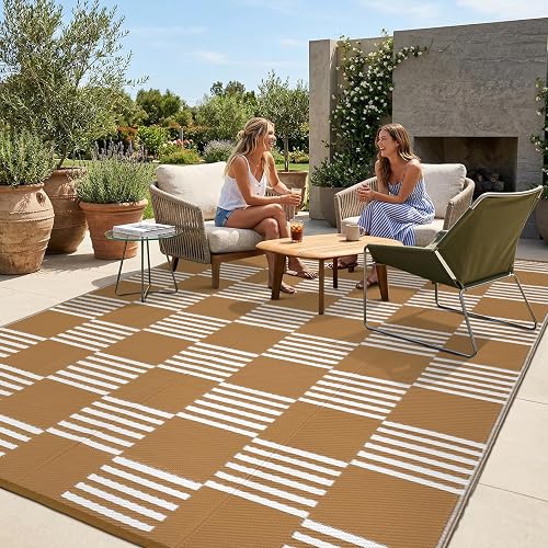 Garvee Waterproof Outdoor Rug 5x8, Checkered Foldable Plastic Straw Patio Camping Rug, Outdoor RV Carpet for Deck Camper Porch Balcony Backyard Picnic Beach Tan - Tan - 8' x 10'