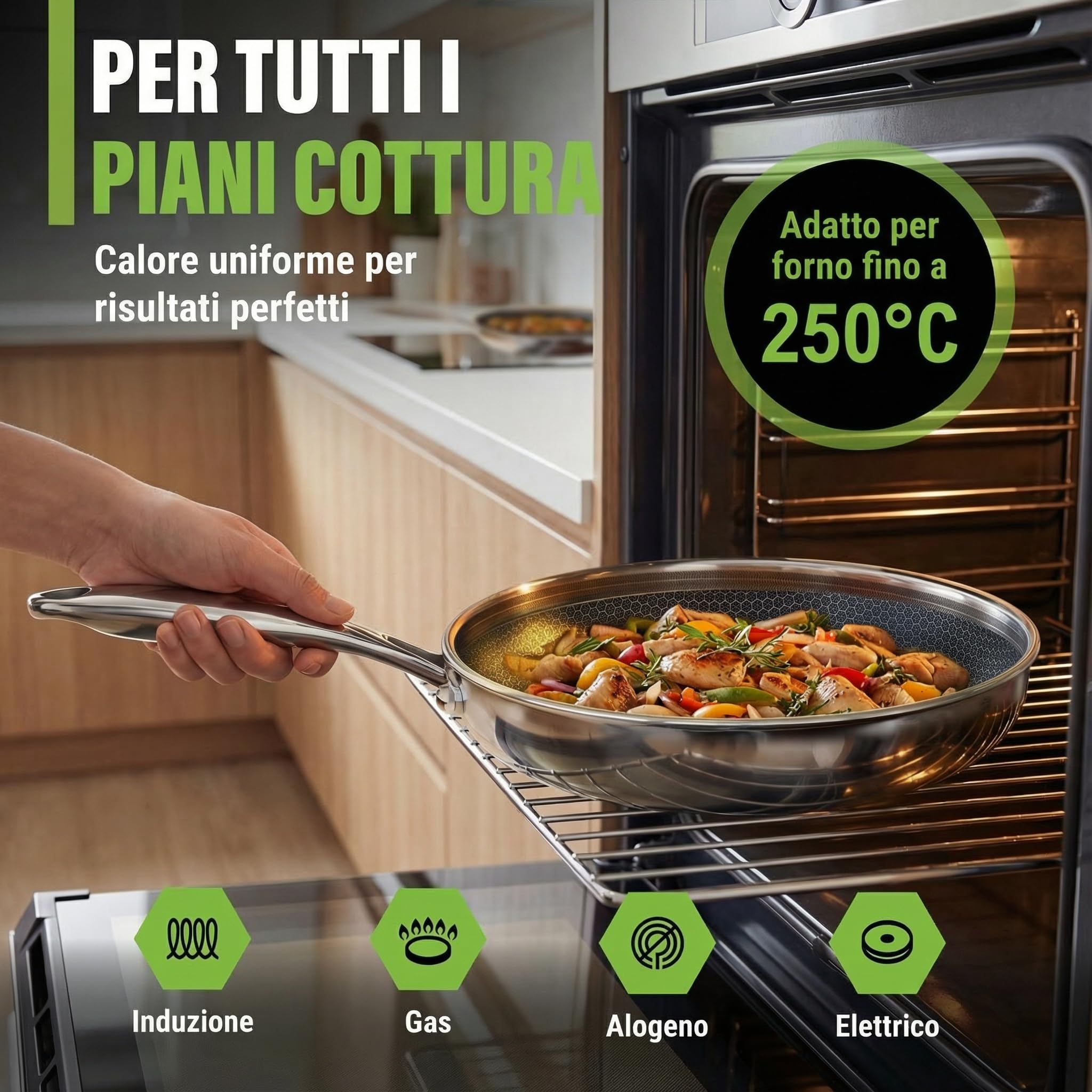 Padella in ceramica, 32 cm, resistente ai graffi, a 5 strati, 3 mm, 1,67 kg, per induzione, antiaderente, lavabile in forno e lavabile in lavastoviglie, senza PFAS e PTFE
