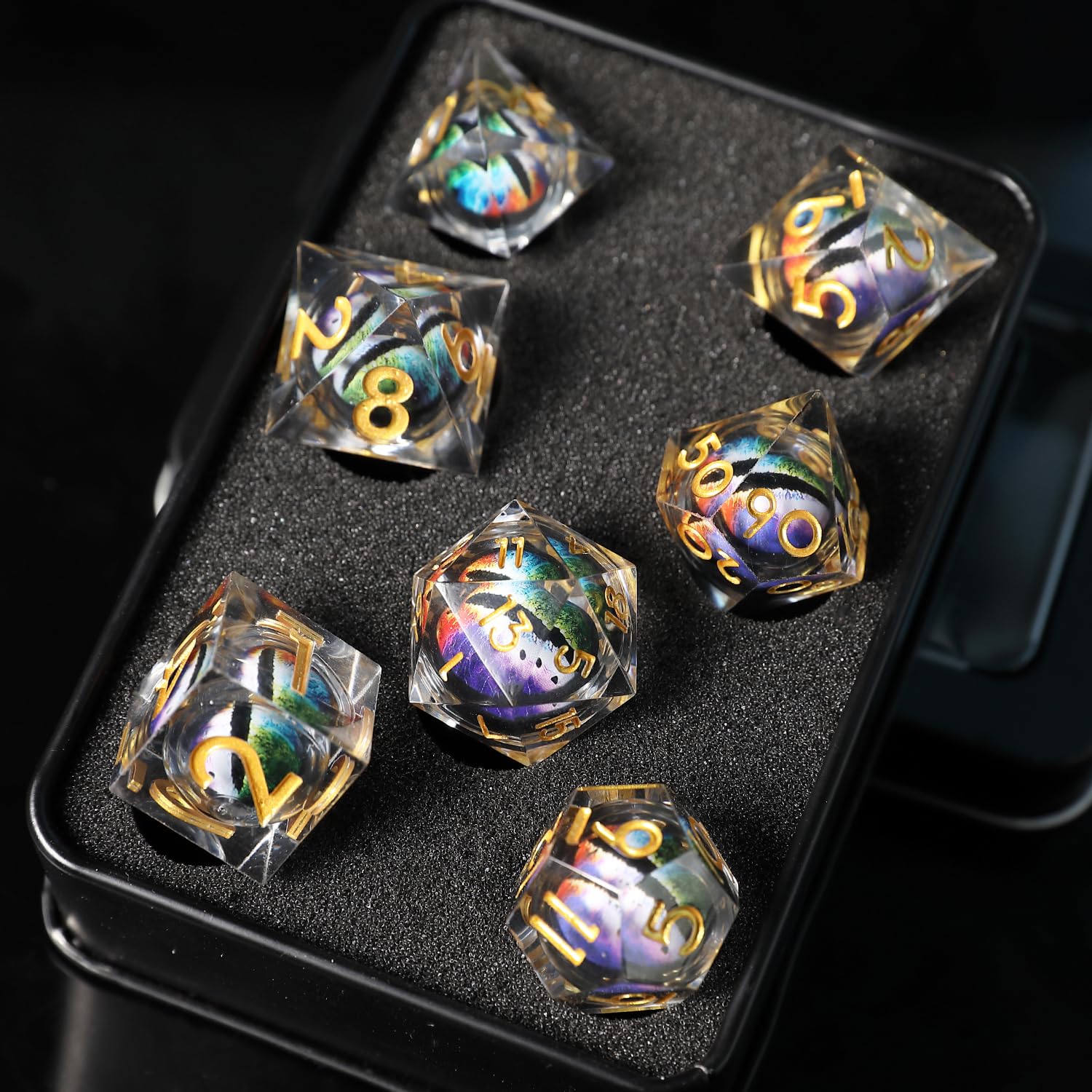 DND Dice Set Floating Pupil Skull Eyeball 7 Piece Handmade Polyhedral D&D Resin Sharp Edge Dice for Dungeons and Dragons RPG Role Playing Antique Halloween Dice with Gift Box - Image 3