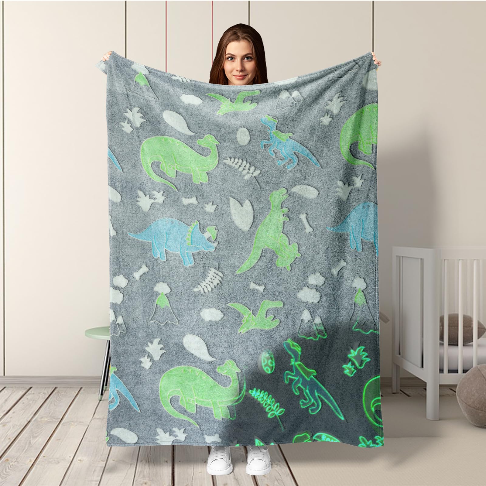Manta para niños y niñas, diseño de Dinosaurio, Brilla en la Oscuridad, Manta de sofá para niñas y niños,Manta para Todo el año para niños (Dinosaurio 1, 130 x 150 cm)