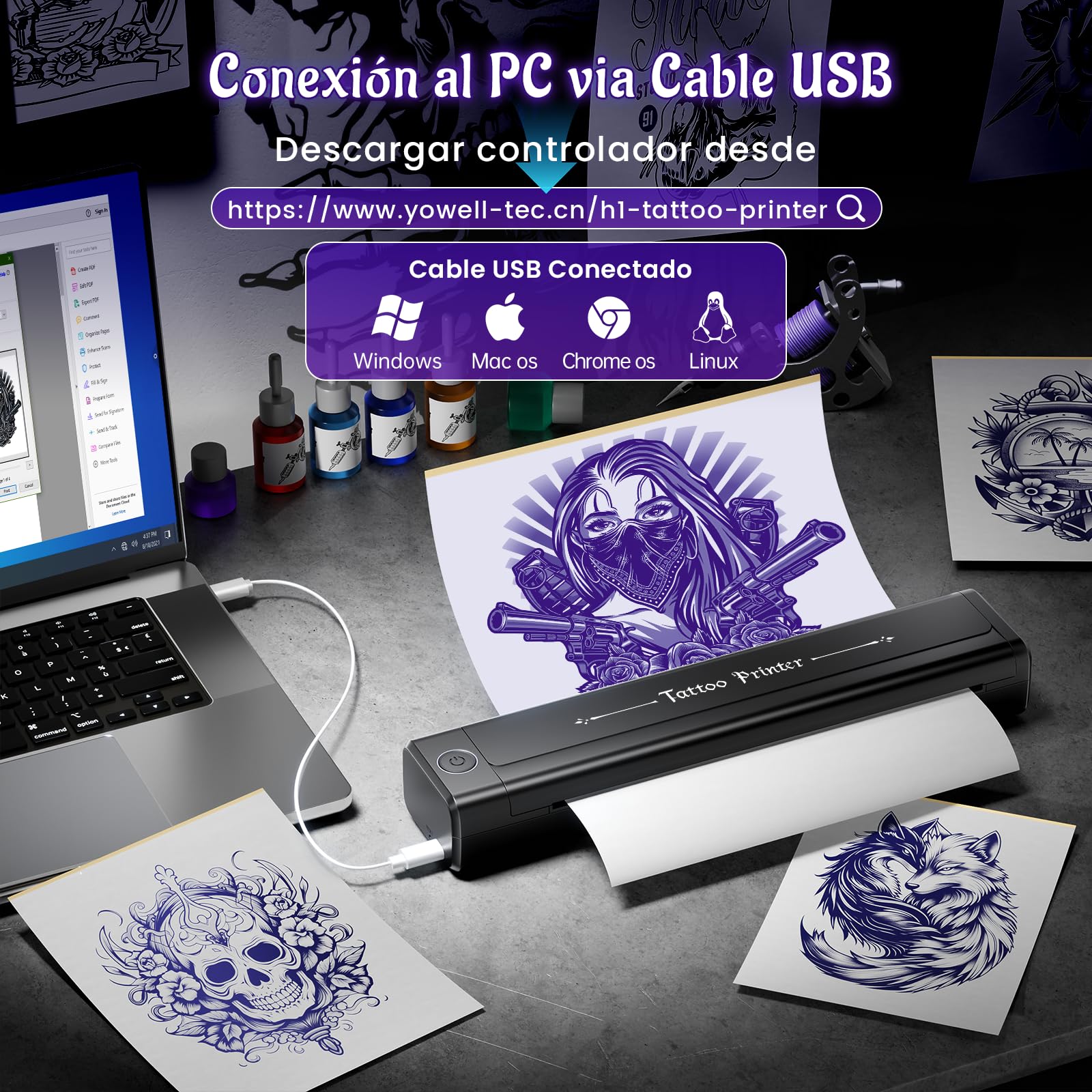 Yowell H1 Termocopiadora Tattoo, Impresora Tattoo, Impresora Tatuajes con 10pcs Papel, Impresora Termica Tattoo para Smartphone PC, Termocopiadora Tatuaje para Artistas del Tatuaje y Principiantes
