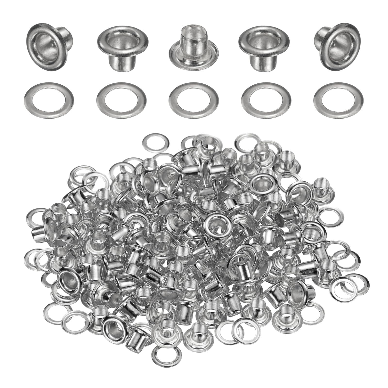 QUARKZMAN 50Set Occhielli per Teloni 3mm 1/8" Occhiello Strumento Metallici in Ottone con Rondelle per Tende in Tessuti Cinture in Pelle Scarpe Borse Fai Da Te, Argento