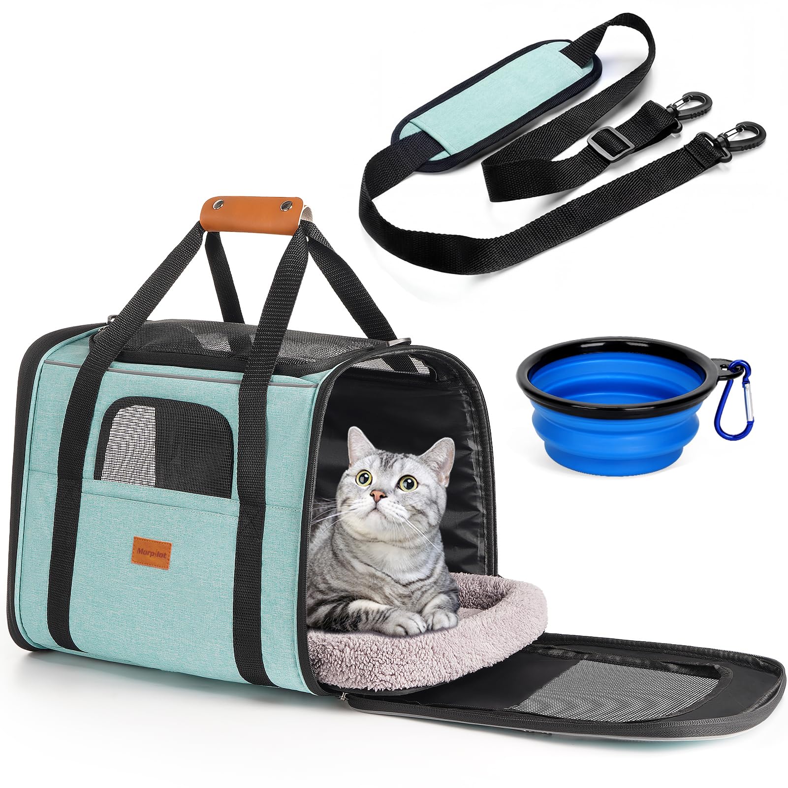 Morpilot Cat Carrier - Airline Approved, Top Opening Portable Dog Bag with Breathable Mesh/Removable Mat, Adjustable Shoulder Strap & Bowl, Foldable Travel Cage, M, Turquoise (Max 7kg)