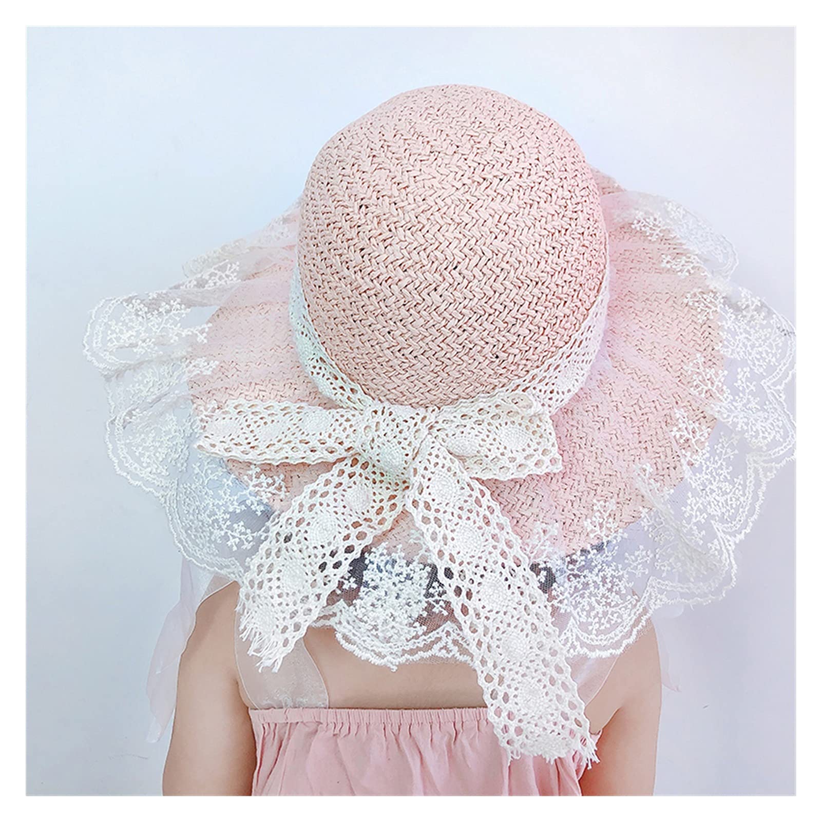 Sombrero de Verano para niños, Ventilador literario, Sombrero de Paja de Encaje para niñas, Sombrero de Paja Transpirable de Verano con Lazo Grande para bebés (Rosa M 2 6Y)