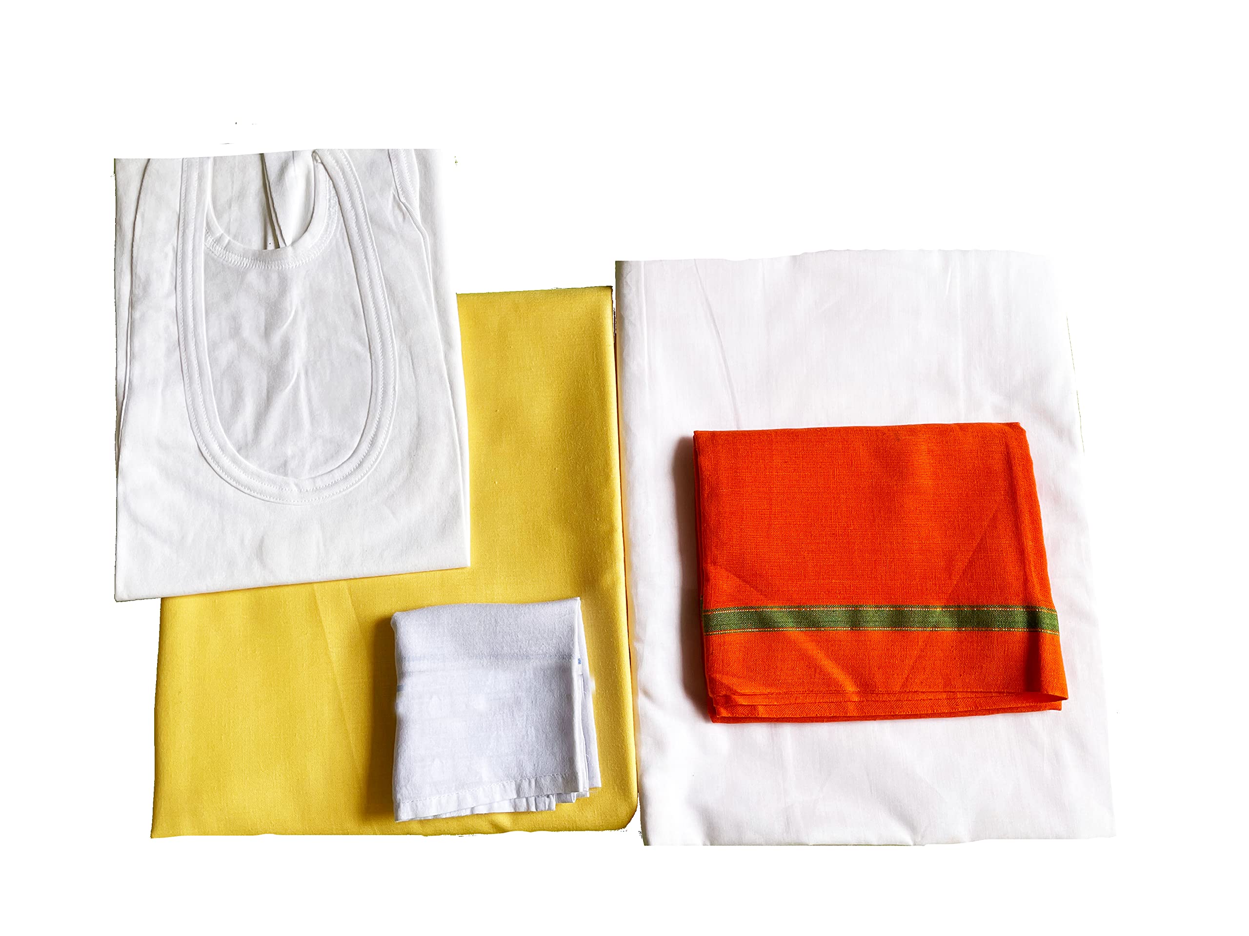 Cotton Men's Traditional Ethnic Wear Kurta Dhoti Gamcha Vest Hanky Set of 5 Yellow-Kurta White-Dhoti Gift set for Pandit-image-38