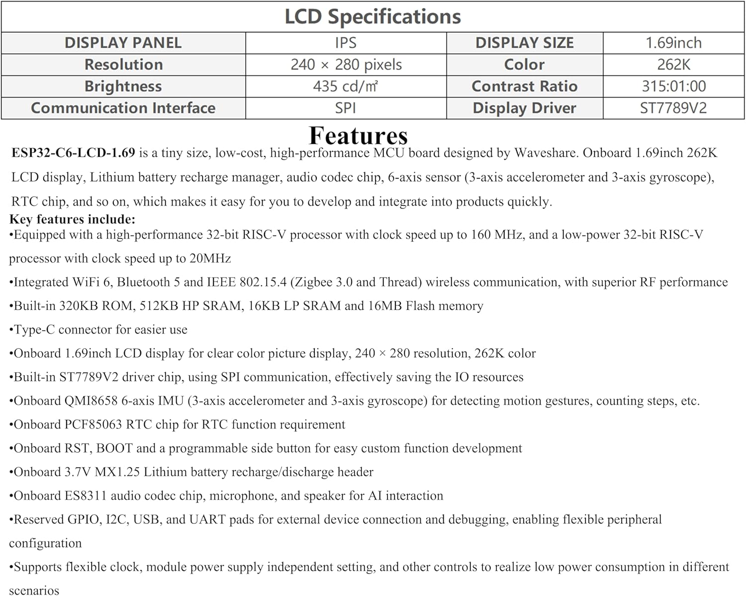 ESP32-C6 1.69inch LCD Development Board, ESP32 with Display 240×280 Pixels, Supports Wi-Fi 6/BLE 5, 160MHz RISC-V Processor,SPI Interface, AI Speech,Support AI Voice Interaction, Comes with Speaker