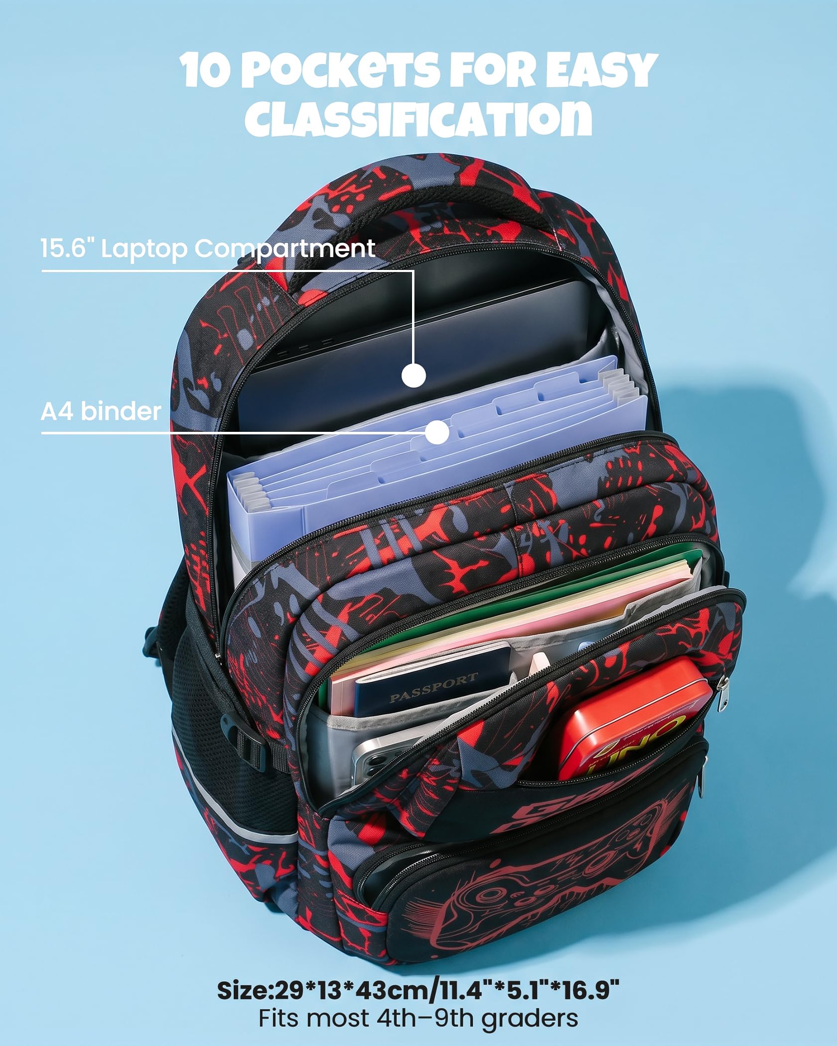 Amythe Sac à Dos Garçon Lumineux, Cartable Scolaire Primaire Adolescent Imperméable Durable, Sac Ecole Enfant avec Bandes Réfléchissantes Grande Capacité pour Voyage, Rouge
