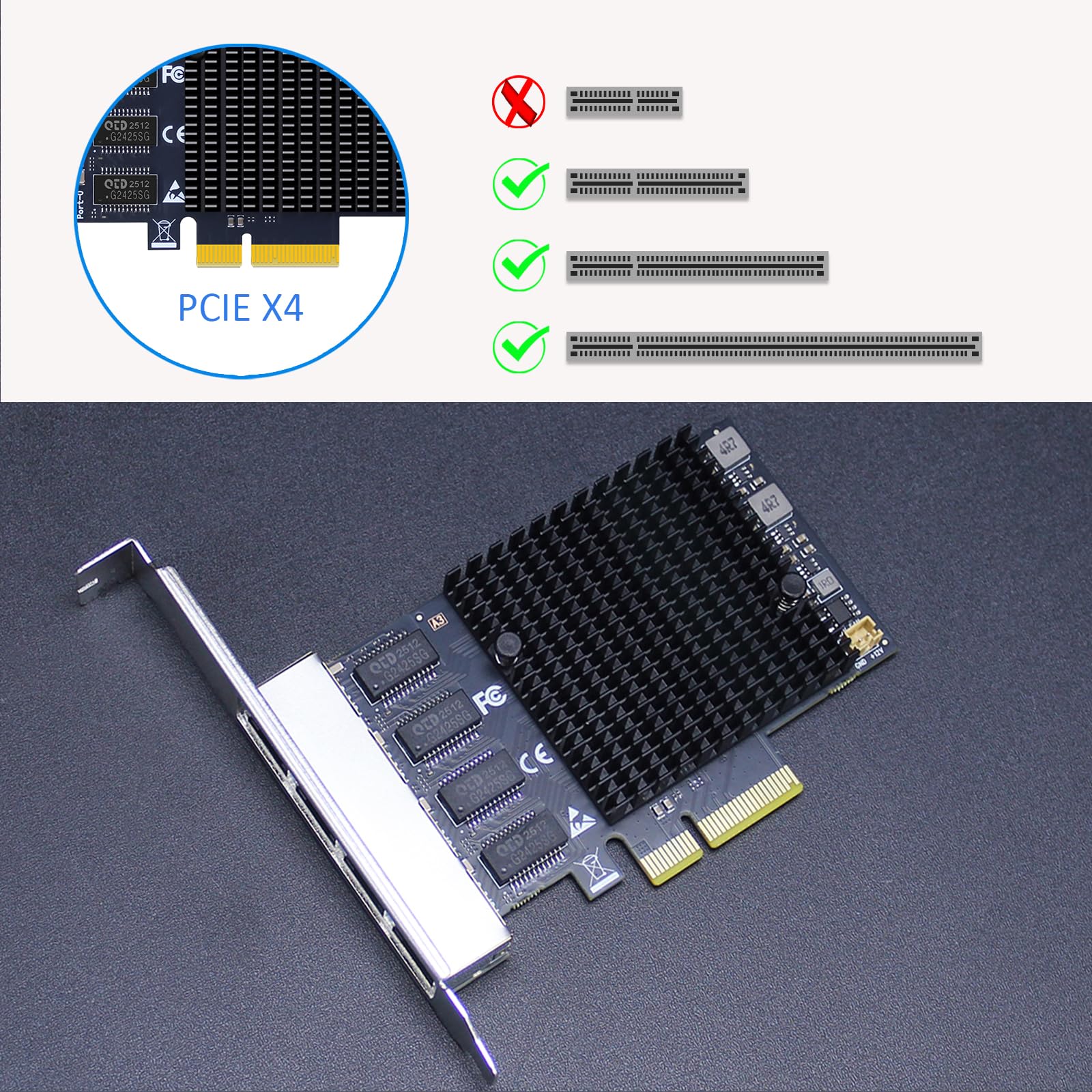 GLOTRENDS LE8245(A3) Scheda di rete a 4 porte Ethernet da 2.5Gb per PC desktop, 4 porte LAN RJ45, interfaccia PCIE X4, staffa standard e a basso profilo