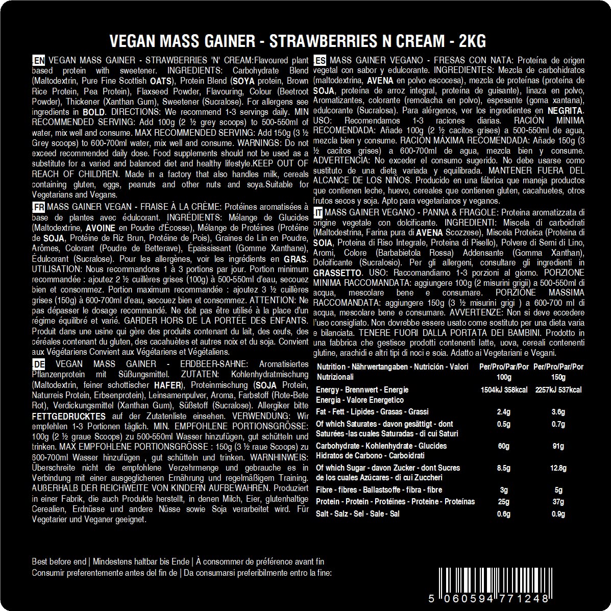 THE PROTEIN WORKS Mass Gainer Vegano Frullato di Proteine in Polvere Ipercalorico, Iperproteico, Ricco di Carboidrati, Mass Gainer, Panna & Fragole, 2 kg