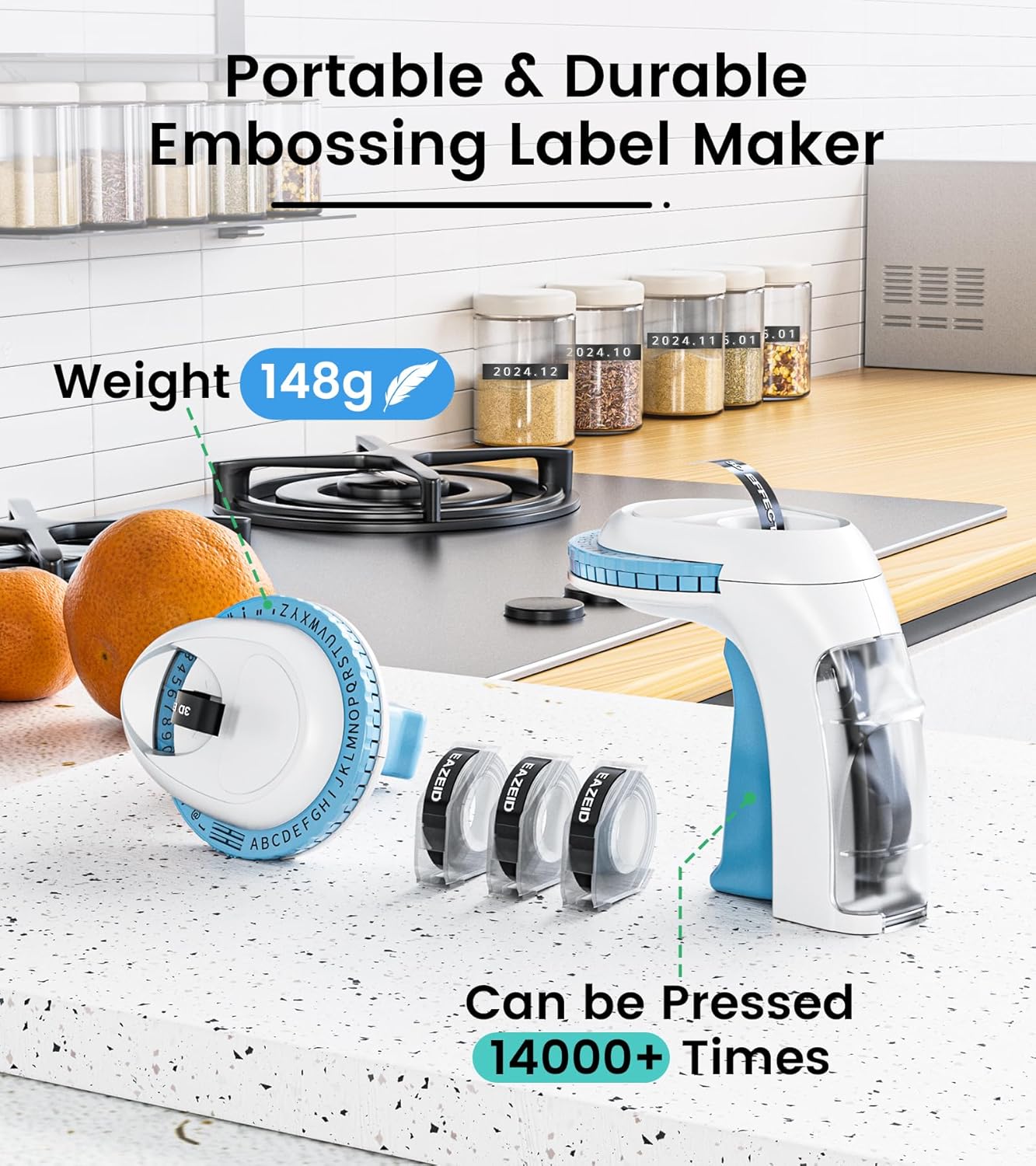 Embossing Label Maker with 8 Rolls Black Tapes, Omega S Vintage 3D Embosser, Old School Handheld Label Printer, Portable Retro Manual Embossed Labeler for Home Office School DIY, Blue