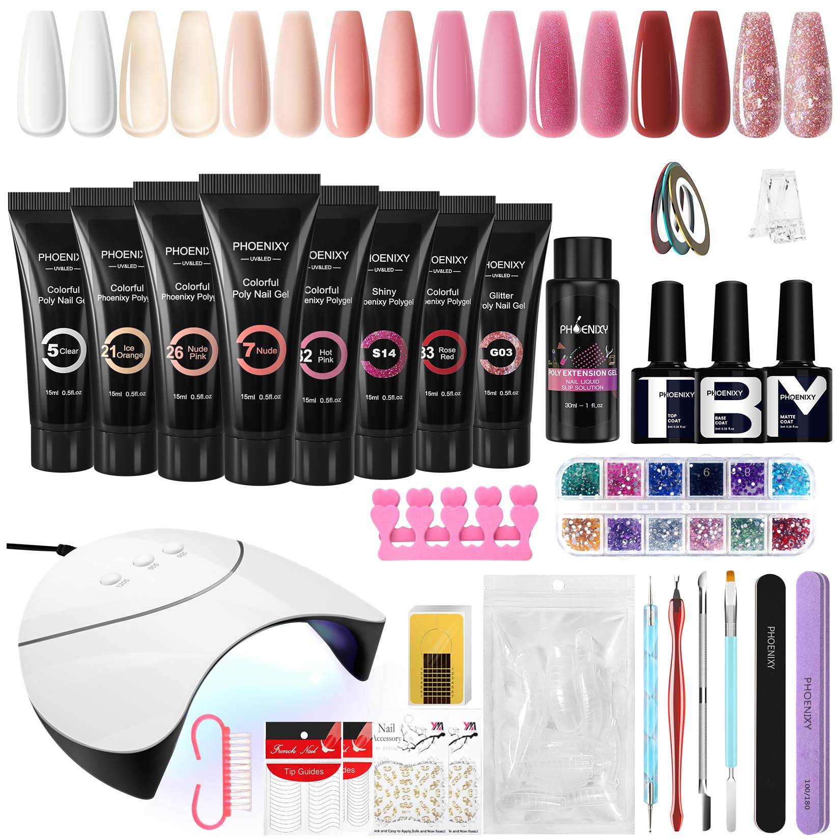 Kit Unghie Gel Completo, Phoenixy 8 Colori Rosa Gel Ricostruzione Unghie con Lampada per Unghie 36W U V/LED, Kit Ricostruzione Unghie Professionale con Base y Top Coat