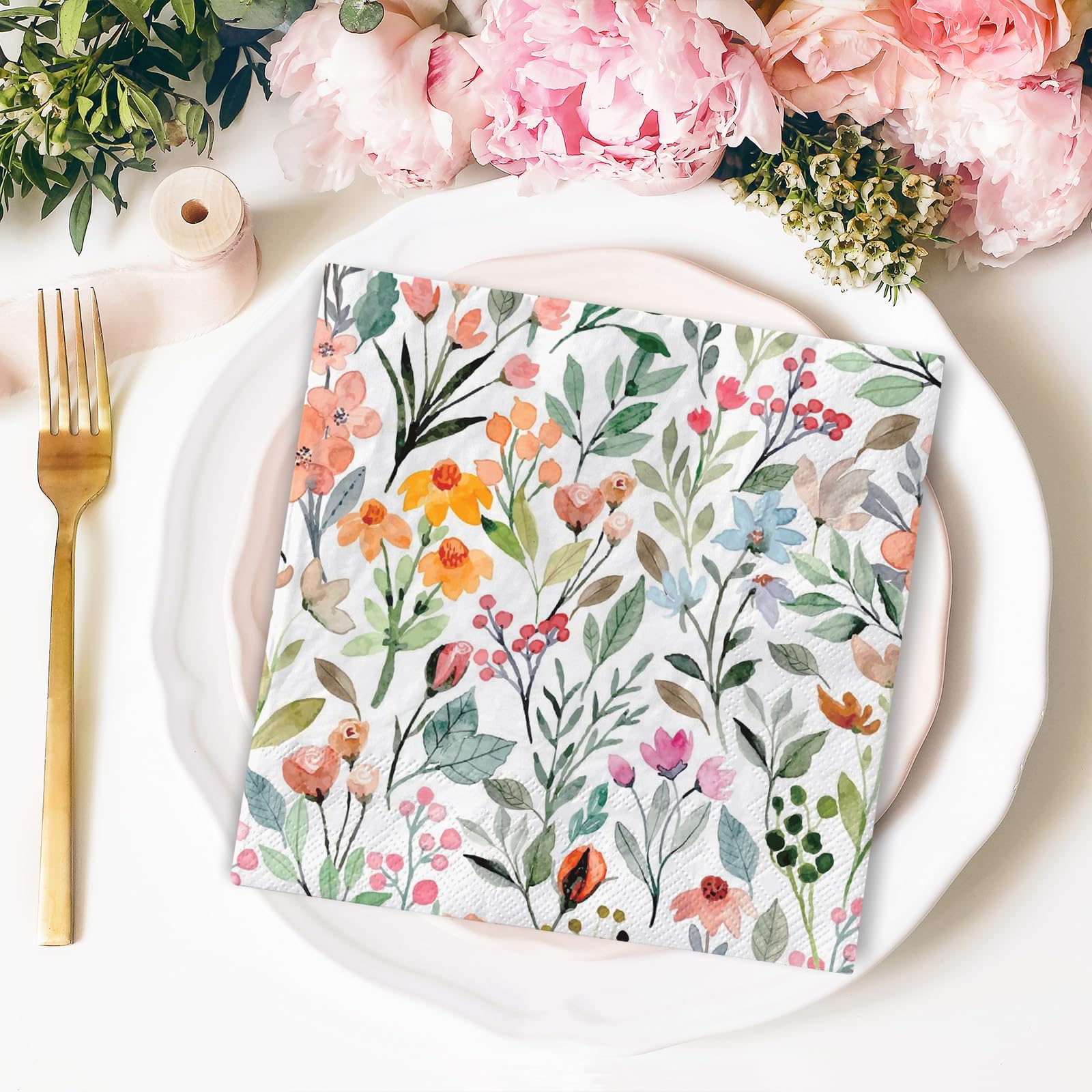 Whaline Papierservietten Mit Aquarell-Wildblumen - 50 Stück, 10,9x19,8 Cm, Für Partys & Alltag