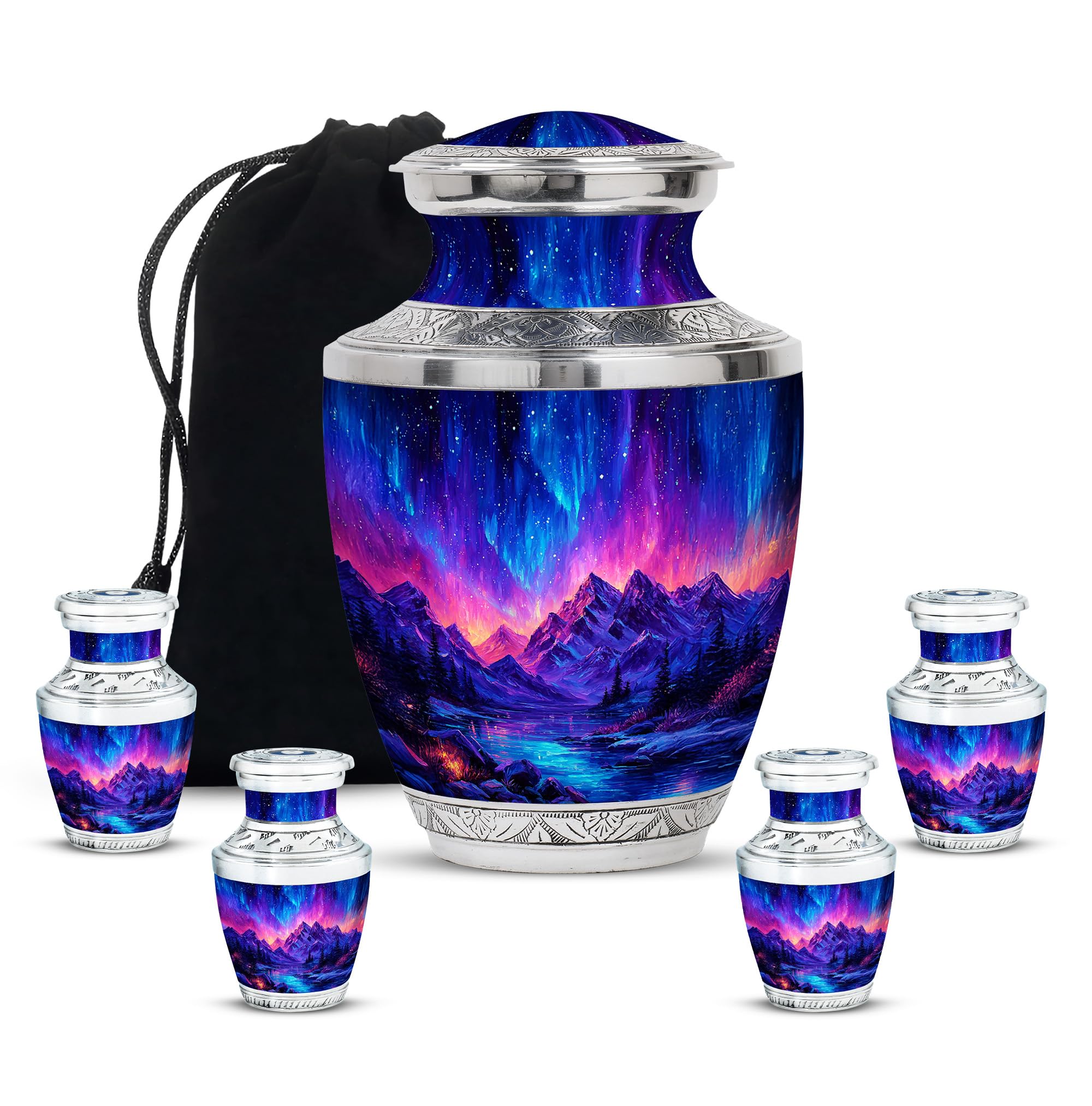 Blue Northern Lights Cremation Urn for Adults, Decorative Burial Box for Human Ashes, Memorial Keepsake Urn for Women and Men, Funeral Gift - 3Inch 4Pcs Small & 10Inch 1Pcs Large Size Combo- Pack Of 5