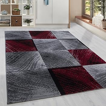 Amazon De Homebyhome Moderner Kurzflor Guenstige Teppich Karo Baumrinde Schwarz Grau Weiss Rot