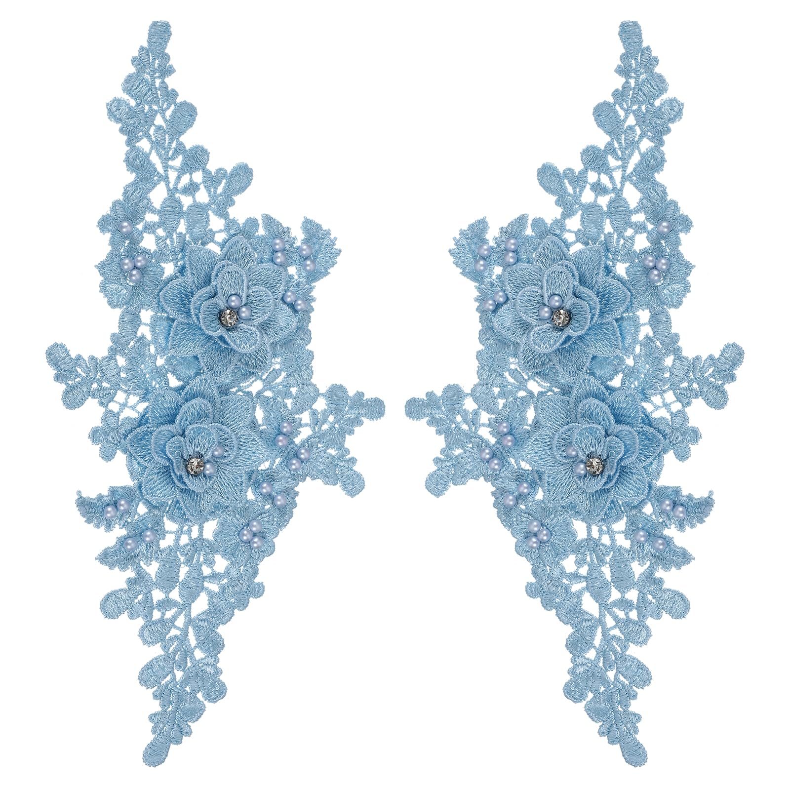 sourcing map 2 Pack 3D Flower Lace Applique with Rhinestone, 27.5x12.5 cm Lace Embroidery Patches Sew on Embroidered Floral Appliques for Wedding Sewing Dresses Clothes Bags DIY, Sky Blue
