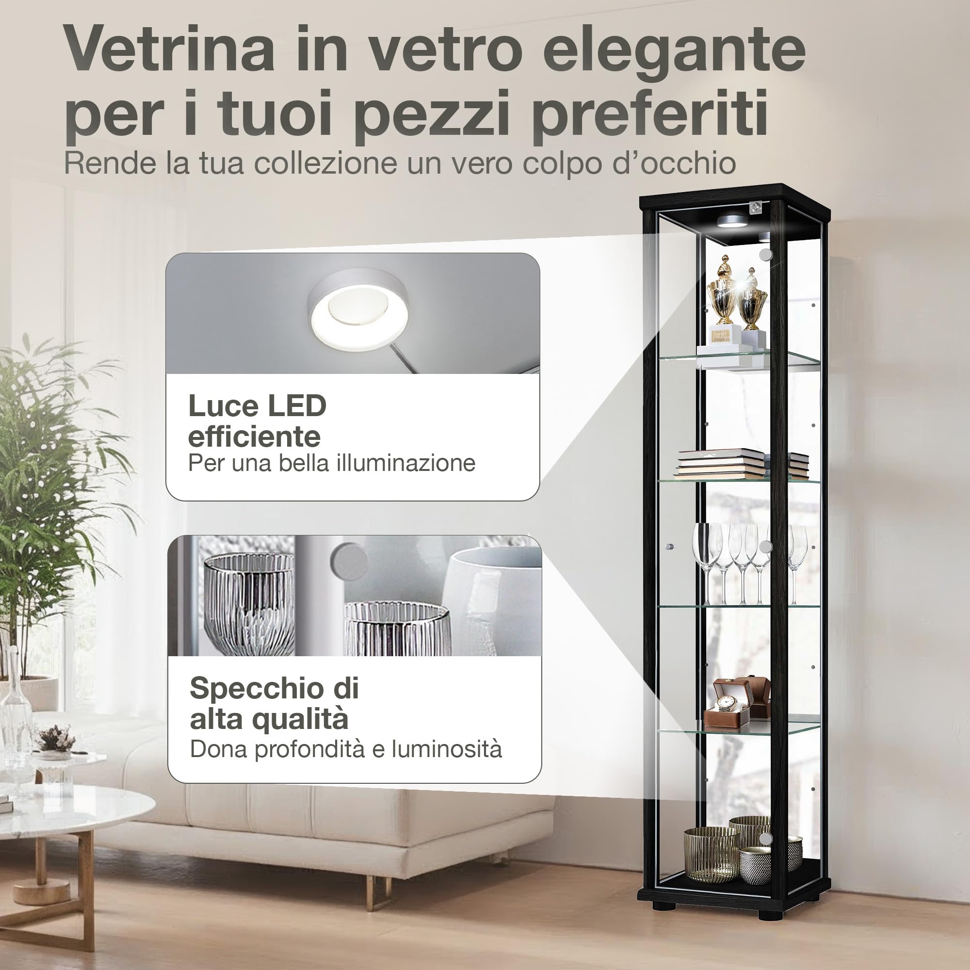 Vetrina in vetro nero (176x37x33cm) con 4 ripiani in vetro regolabili in altezza, specchio, serratura, LED - Vetrina per automodelli nera - Vetrina nera - Vetrina per collezionisti
