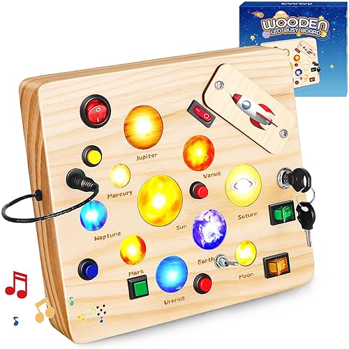 Busy Board for Toddler, Montessori Toys with LED Light, Wooden Sensory Toys for Toddler Activity for 1-6 Year Old Boys & Girls, Christmas & Birthday Gift for Toddler (Solar System)