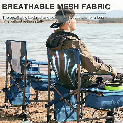 Miniatura 3 de EVER ADVANCED Silla de pesca con soporte para caña y enfriador, silla de pesca en hielo todo terreno con pies ajustables, respaldo de malla plegable
