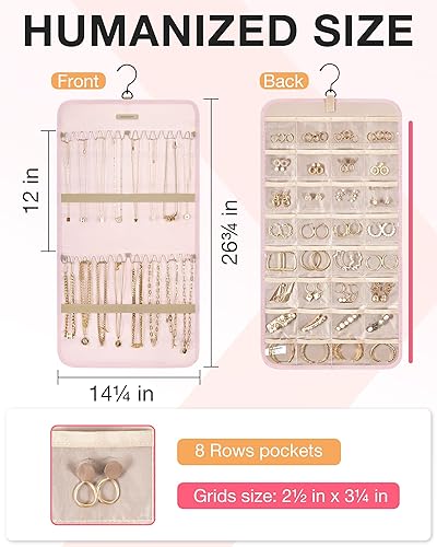 Miniatura 38 de BAGSMART Organizador de collares colgantes, rollo de almacenamiento con ganchos de metal, organizador de joyas de doble cara para collares, pulseras