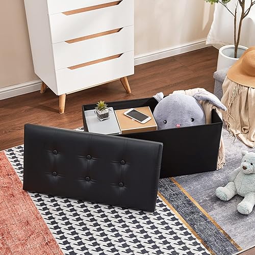 Vista 5 de Cpintltr Banco otomano plegable de piel otomana de 30 pulgadas, taburete tapizado para dormitorio, reposapiés con almacenamiento oculto para sala