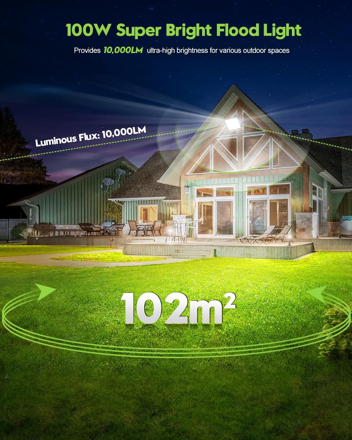 Sararoom 100W LED Flood Light Outdoor, 10000LM Outside Security Lights, 6500K Daylight White Floodlight with 156 LED Beads - Image 2