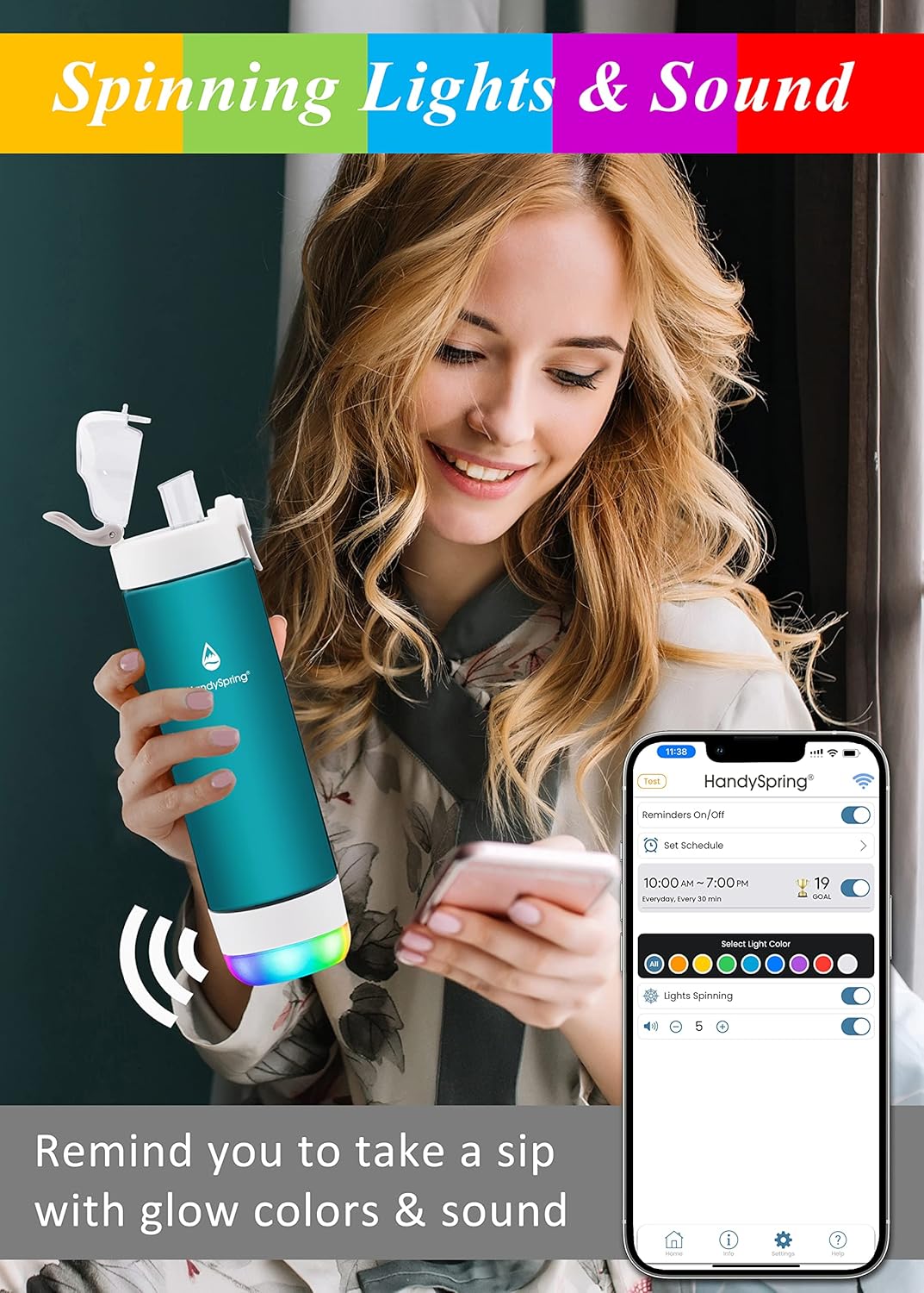 Smart Water Bottle with Reminder To Drink Water, Lights And Sound, Water Intake Tracker, Rechargeable, Tritan Plastic, Spout Hydrate Glow Bottle 26 Oz, Smart Hydration Reminder (Gary)