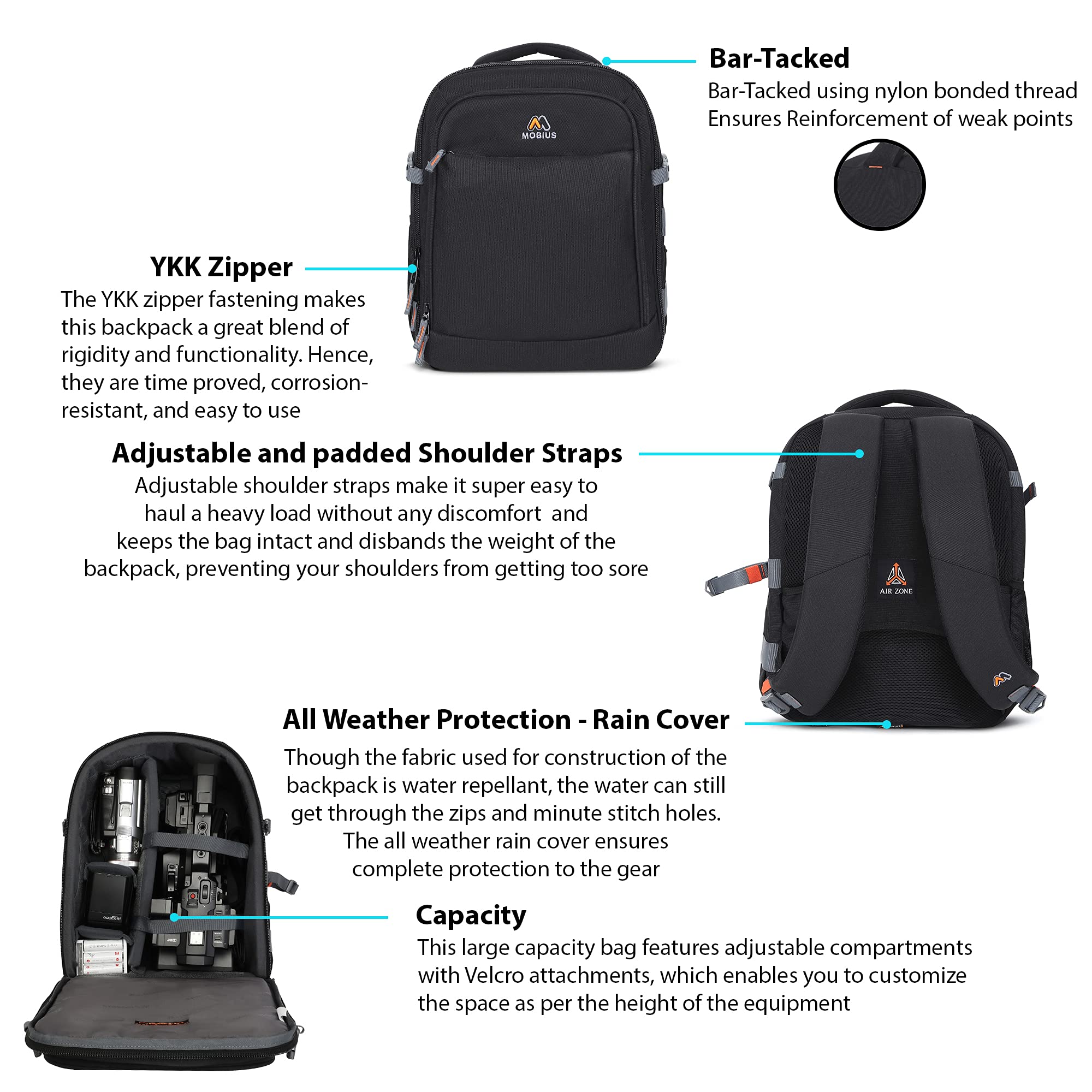 MOBIUS Cameraman Backpack Bag for Video Camera|100% Waterproof Bag with LED Battery Charger Compartment and Sun Gun Mike Holder|Outdoor Shoot Travel Video Camera Bag 3