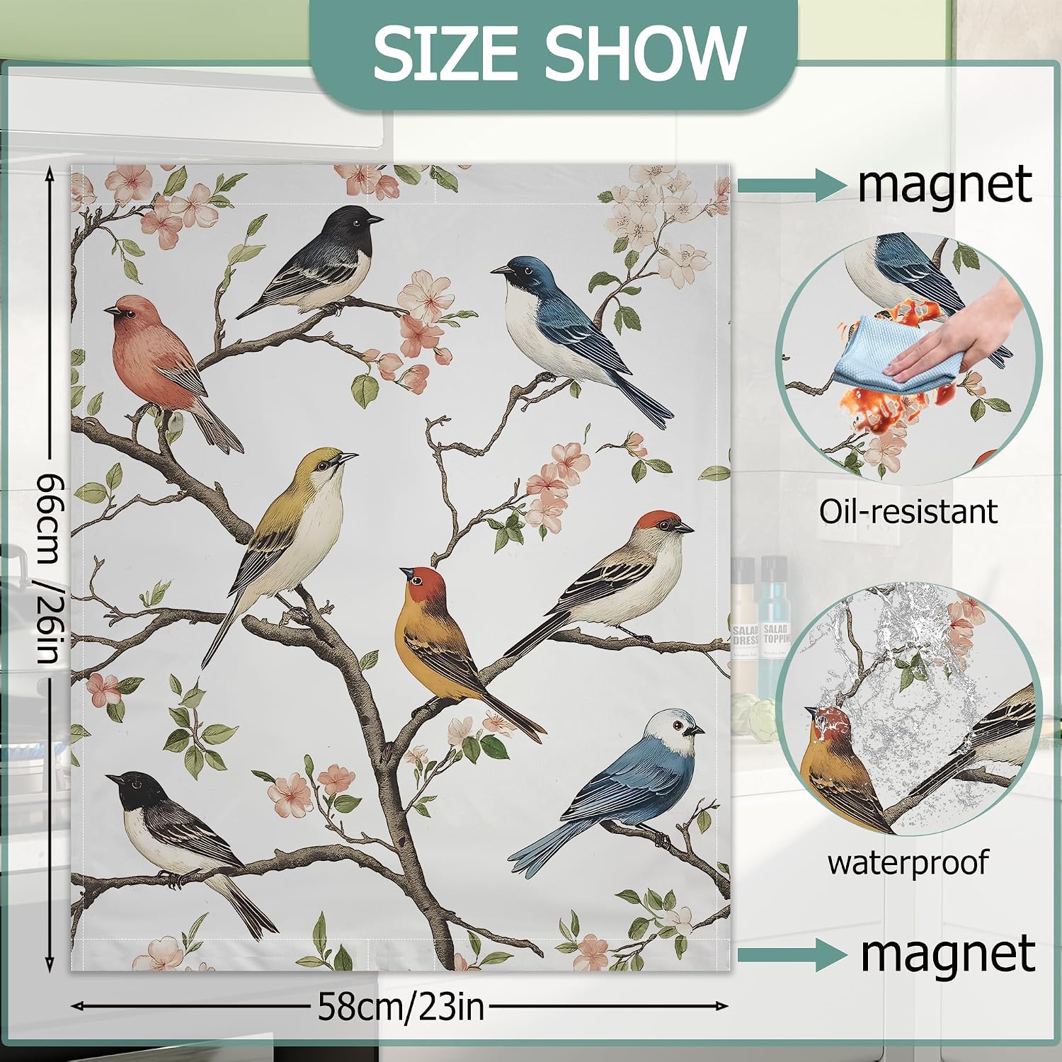 Colorful Birds Refrigerator Magnet Cover,Spring Flowers Washable Dishwasher Magnets Decorative Cover,Home Kitchen Decorative Dishwasher Front Panel Cover 23x26 Inch image 2