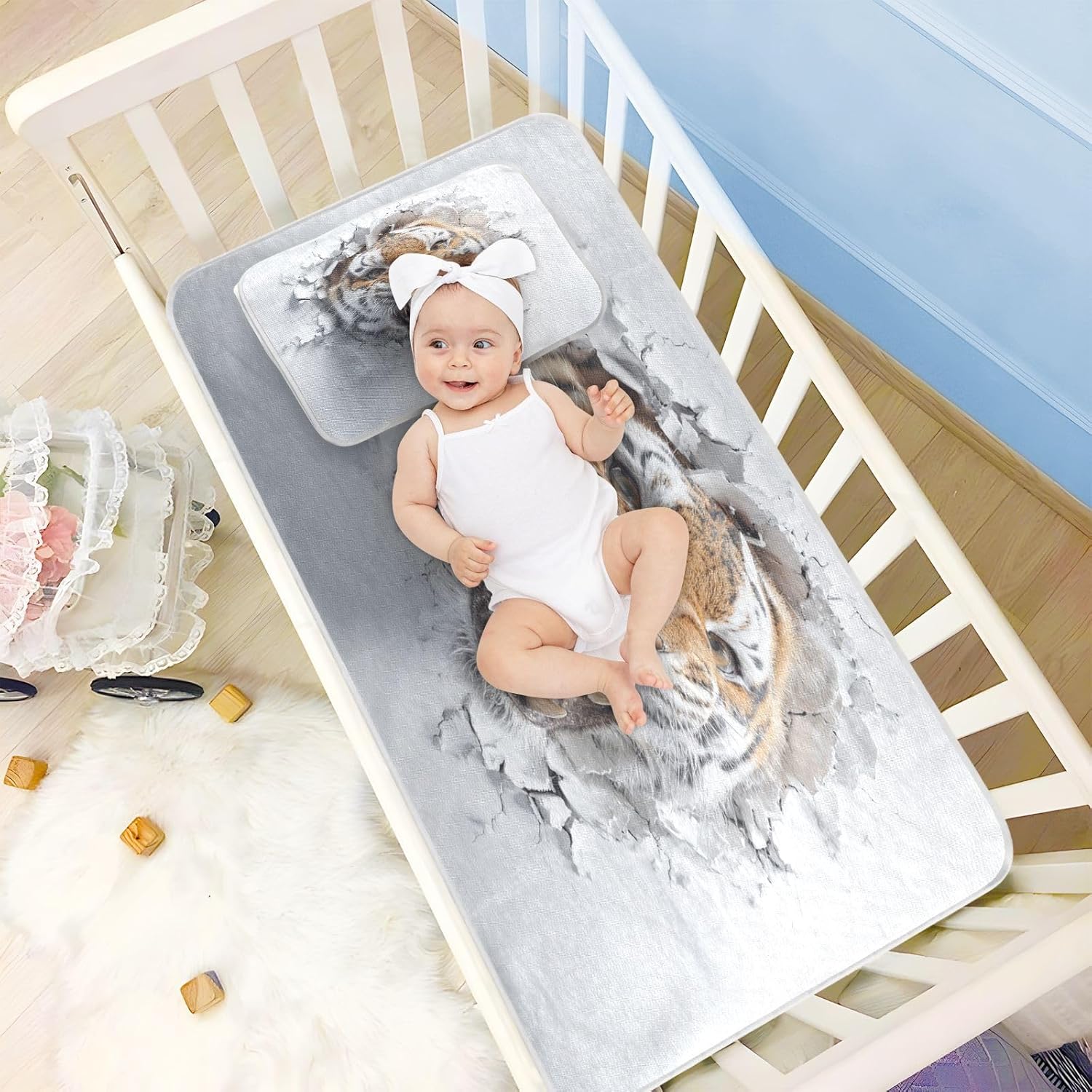 Cooling Baby Bassinet Mattress 28" x 52" Breathable Angry Tigers 3D Style Wall Art Bed Pads for Baby&Toddler