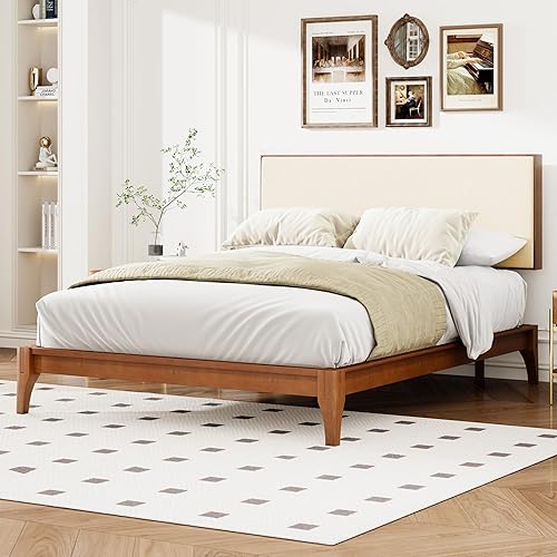Miniatura 13 de Harper & Bright Designs Marco de cama de plataforma de bambú de tamaño matrimonial, cama de plataforma de madera de bajo perfil con cabecero, sin