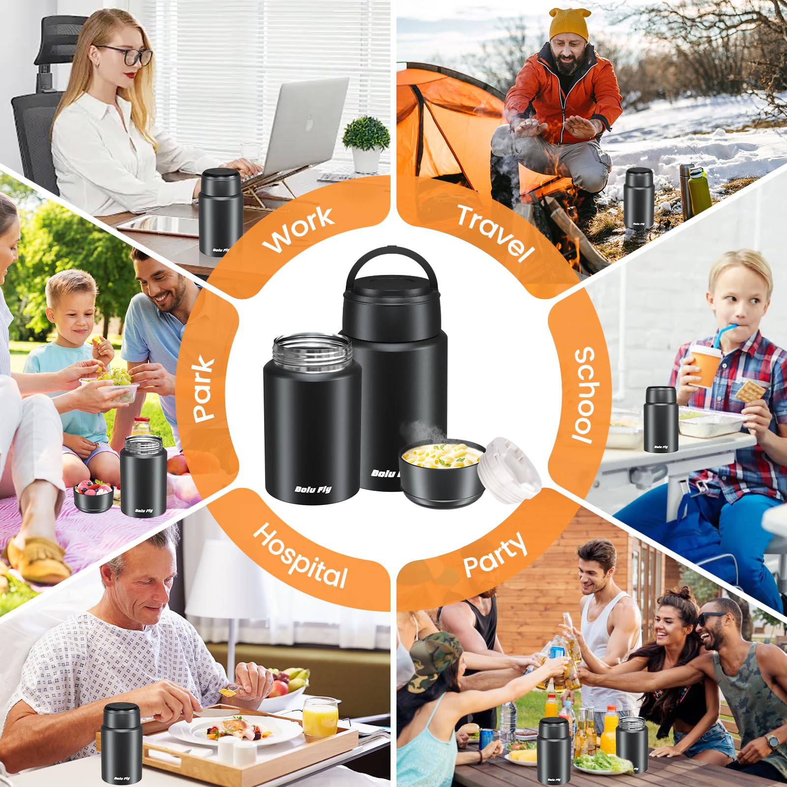 Paquete de 2 termos de sopa para alimentos fríos y calientes para adultos, frascos de alimentos aislados, recipientes térmicos de acero inoxidable con bolsa de transporte y cuchara (18.5