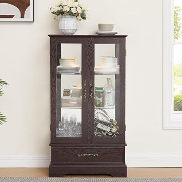 Glass Display Cabinet, China Cabinets with Glass Doors Lighted Curio Cabinet with 2 Tempered Glass Doors 1 Drawer Mirrored Back Panel Adjustable Shelves Bulb Included for Home Dark Cherry