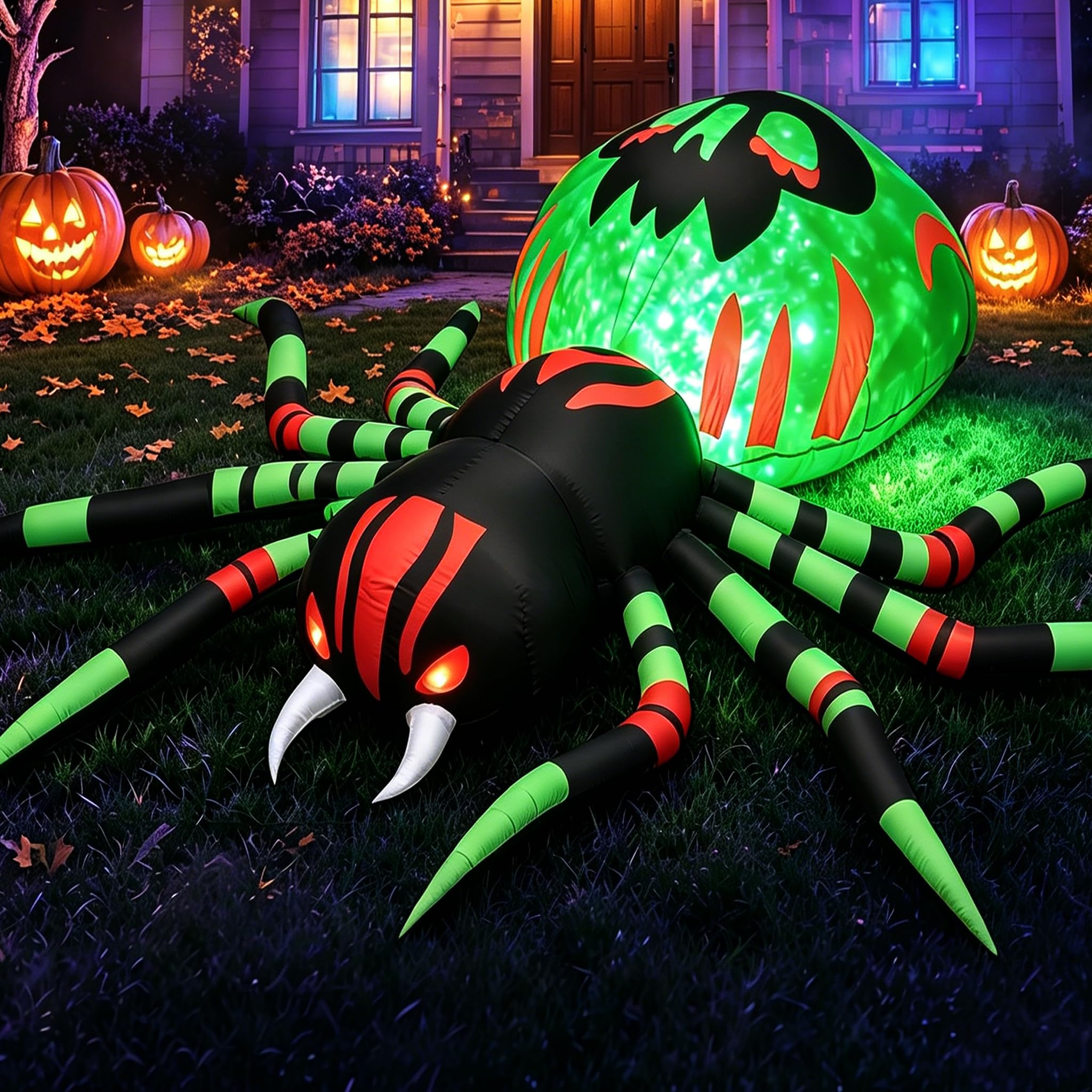 11FT Halloween Inflatables Spider Outdoor Decorations for Yard, Giant Blow up Green Spider with Rotating Fire Flame Light, Large Spooky Spider for Halloween Party Garden Lawn House Holiday Decor